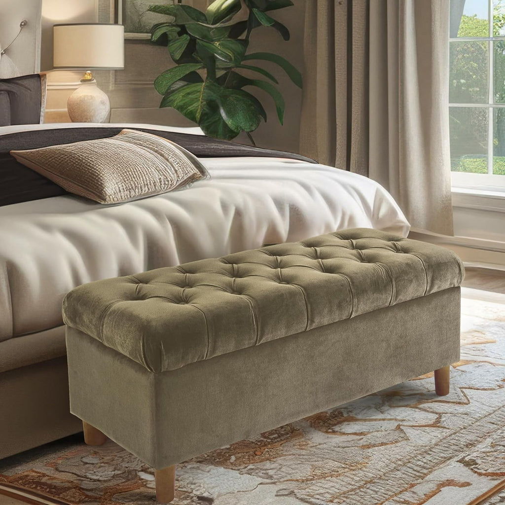 HomePop 40' Ainsley Button Tufted Storage Bench - Light Sage Green Velvet