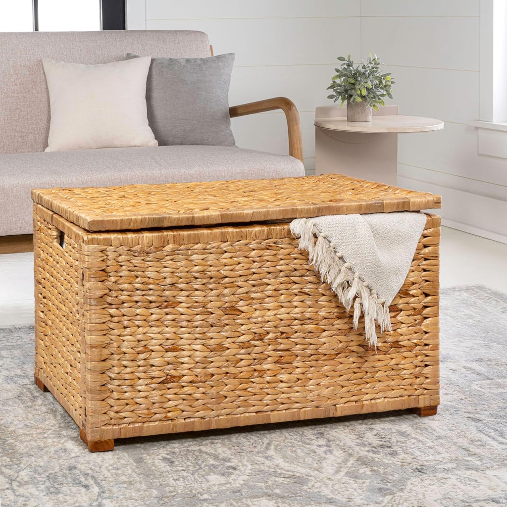 happimess HPM9005A Anada Wicker Weave 30' Storage Trunk, Wooden Frame/Water Hyacinth, Farmhouse, Transitional, Coastal, Rustic for Office, Dorm Room, Living-Room, Bedroom, Dining-Room, Natural