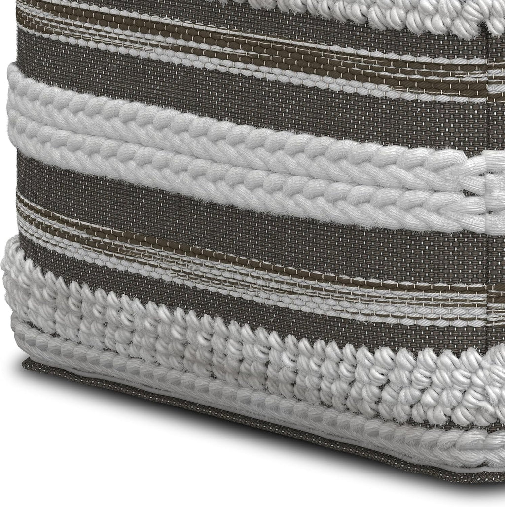 SIMPLIHOME Sommer Boho Square Pouf in Natural/Taupe Grey Handloom Woven Pattern for the Living Room, Bedroom and Kids Room