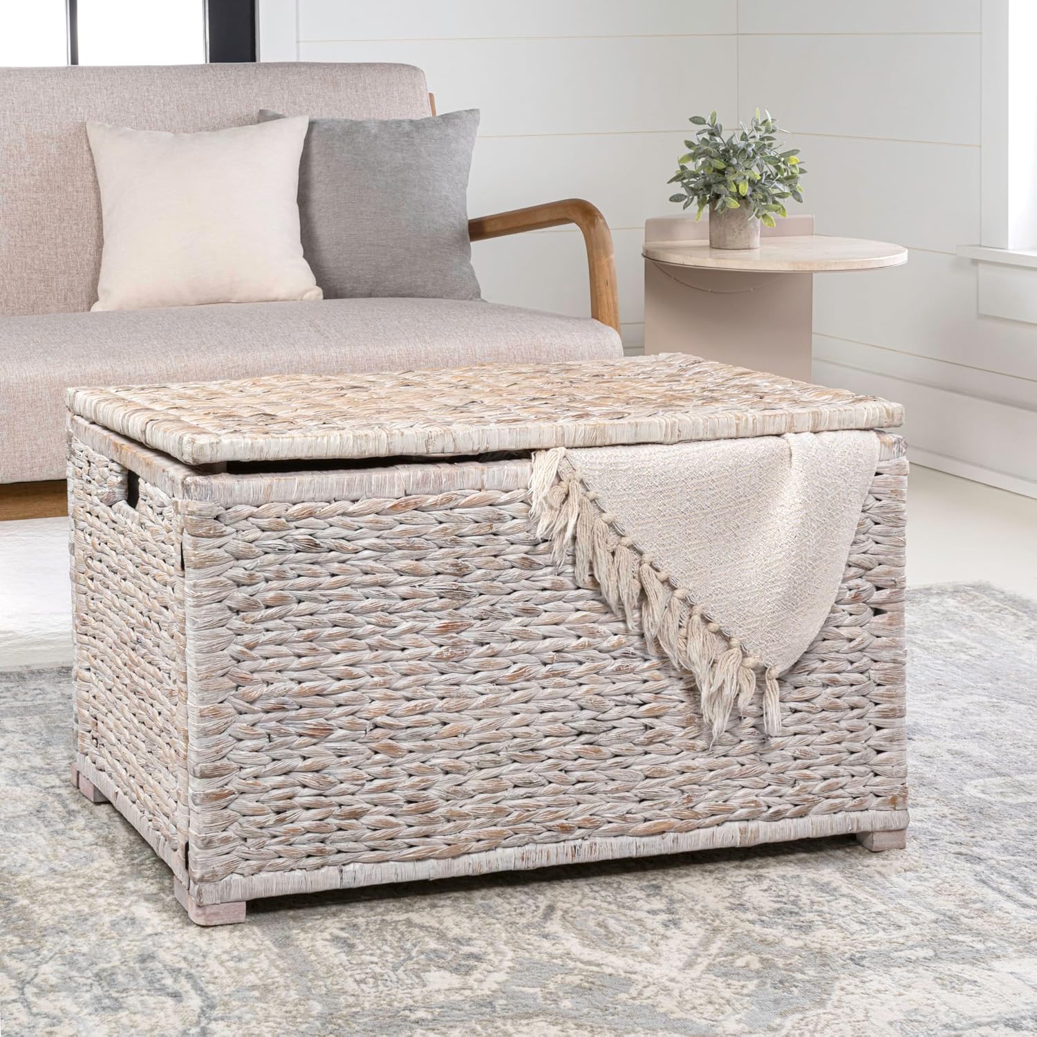 happimess HPM9005C Anada 30' Handwoven Wicker Weave Storage Trunk, White Wash, Collapsible for flat storage, for Office, Dorm Room, Entryway, Bedroom, Dining Room