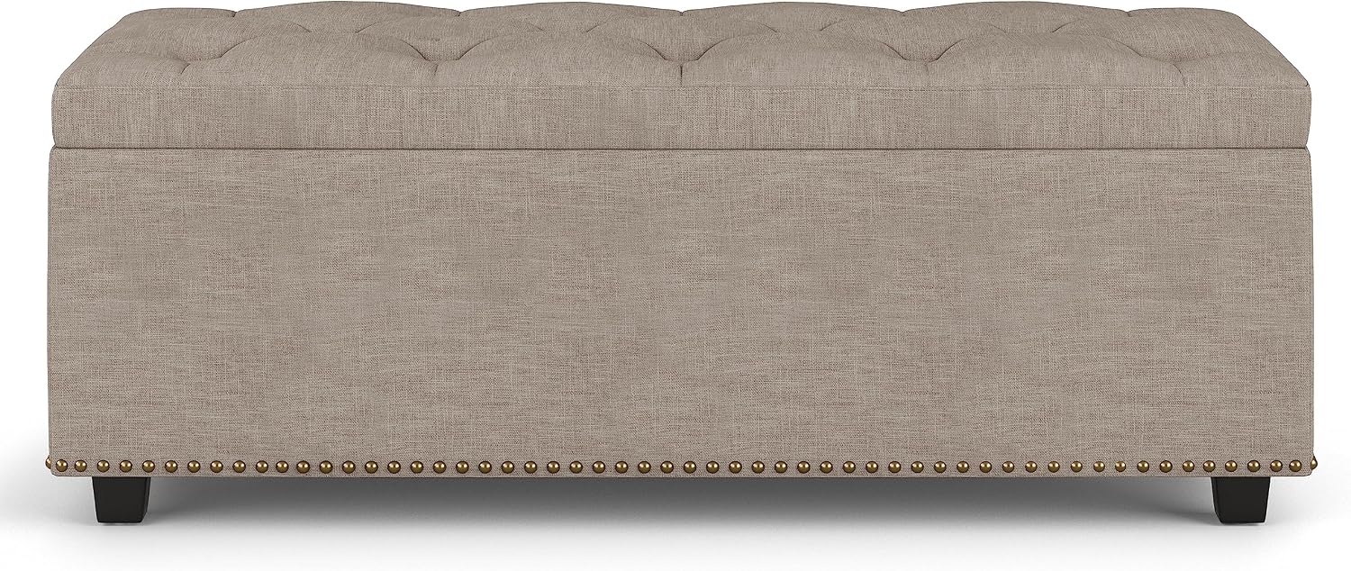 SIMPLIHOME Hamilton 44 inch Wide Traditional Rectangle Lift Top Rectangular Storage Ottoman in Natural Linen Look Fabric, Assembled, For the Living Room, Entryway and Family Room
