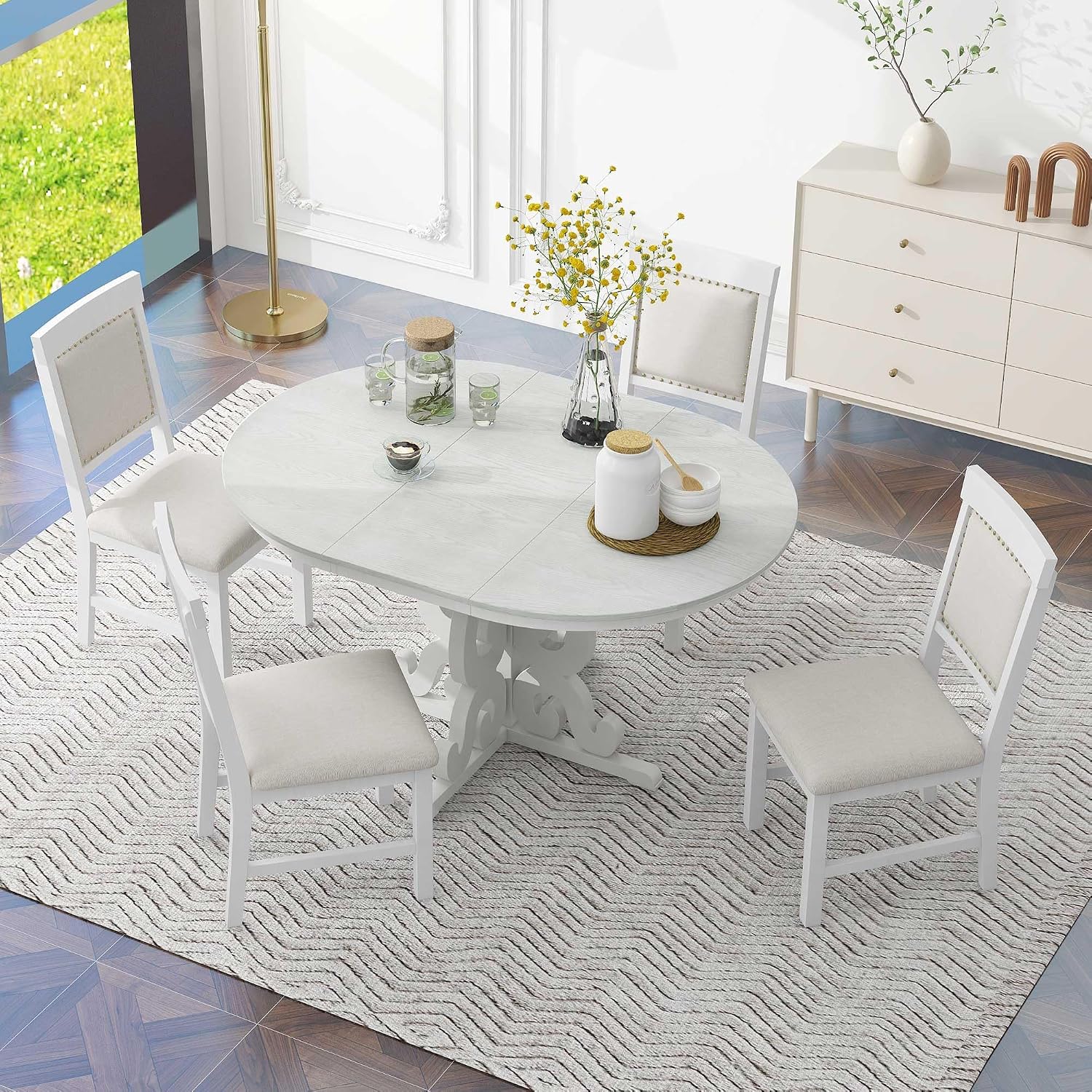 Merax Dining Table Set for 4, Extendable Round Tabletop with 16 inch Leaf and Upholstered Chairs, Retro Hollowed-Out Carving Design, White