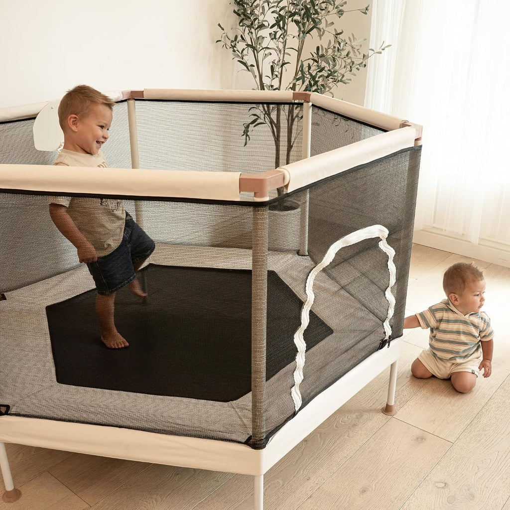 Kids Trampoline, Aesthetic Indoor and Outdoor Toddler Trampoline with Safety Net, Basketball Hoop, 220lb Capacity, Ultra Safe No-Gap Design, Gifts for Boys & Girls