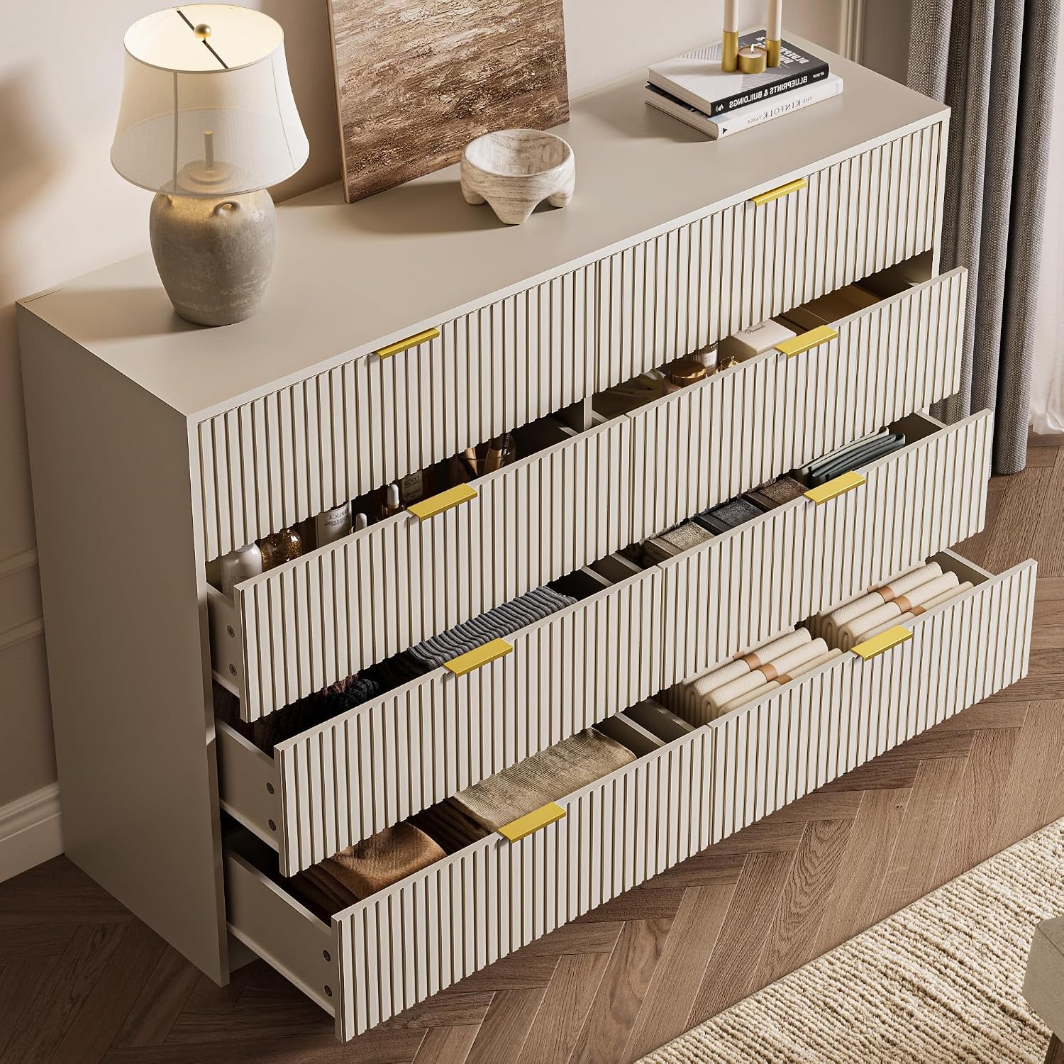 MAISONARIA Beige Dresser for Bedroom, 8 Drawer Double Dresser, Modern Chest of Drawers for Bedroom, Living Room, Entryway and Closet, 55' L x 15.7' D x 37.4' H