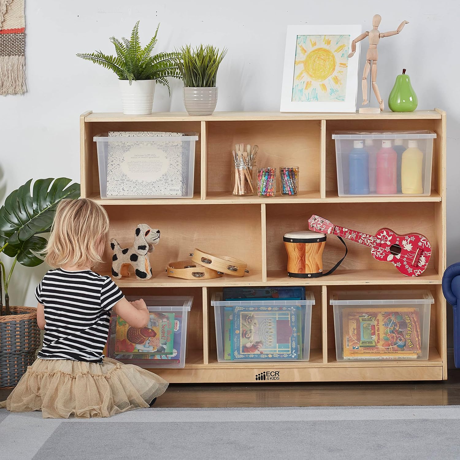 ECR4Kids 8-Compartment Mobile Storage Cabinet, Elementary, Classroom Furniture, Natural