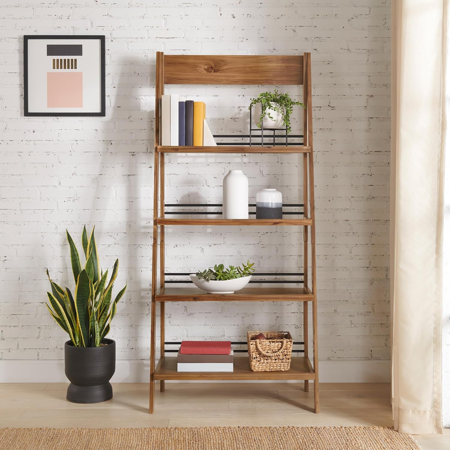 4-Tier Ladder Bookshelf - Freestanding Bookcase with Bar Back Frame - Shelves for Living Room, Kitchen, Bedroom, and Office by Lavish Home (Walnut)