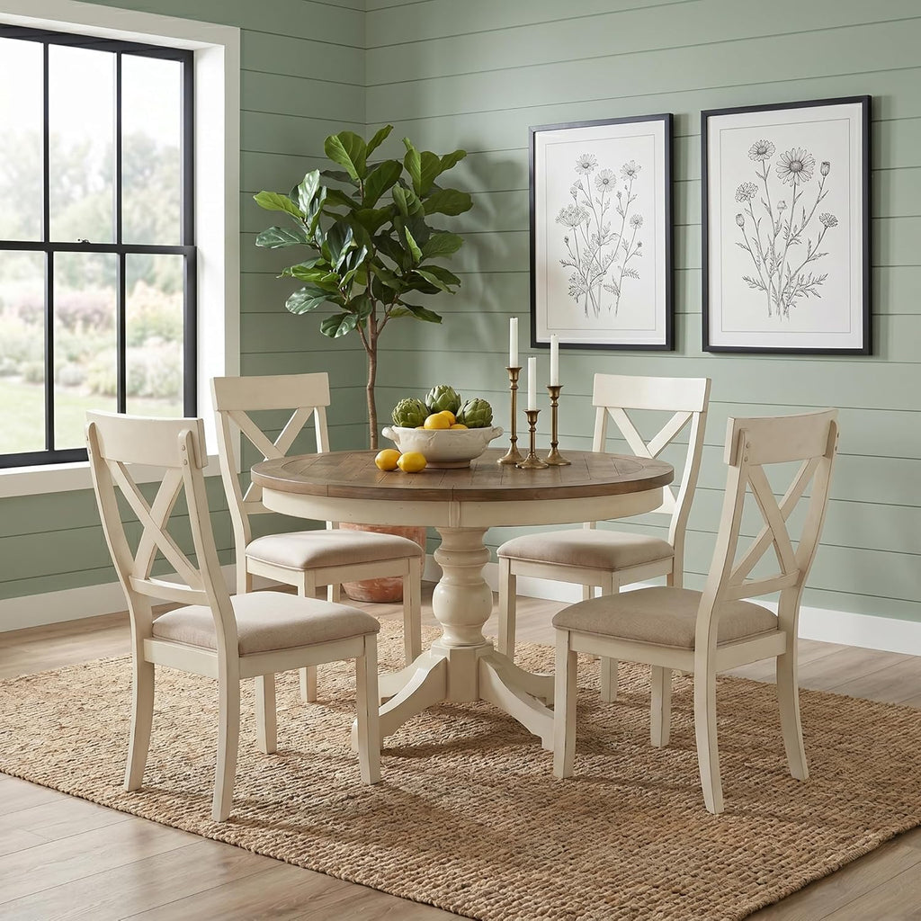 Roundhill Furniture Prato 5-Piece Round Dining Table Set with Cross Back Chairs, Antique White and Distressed Oak