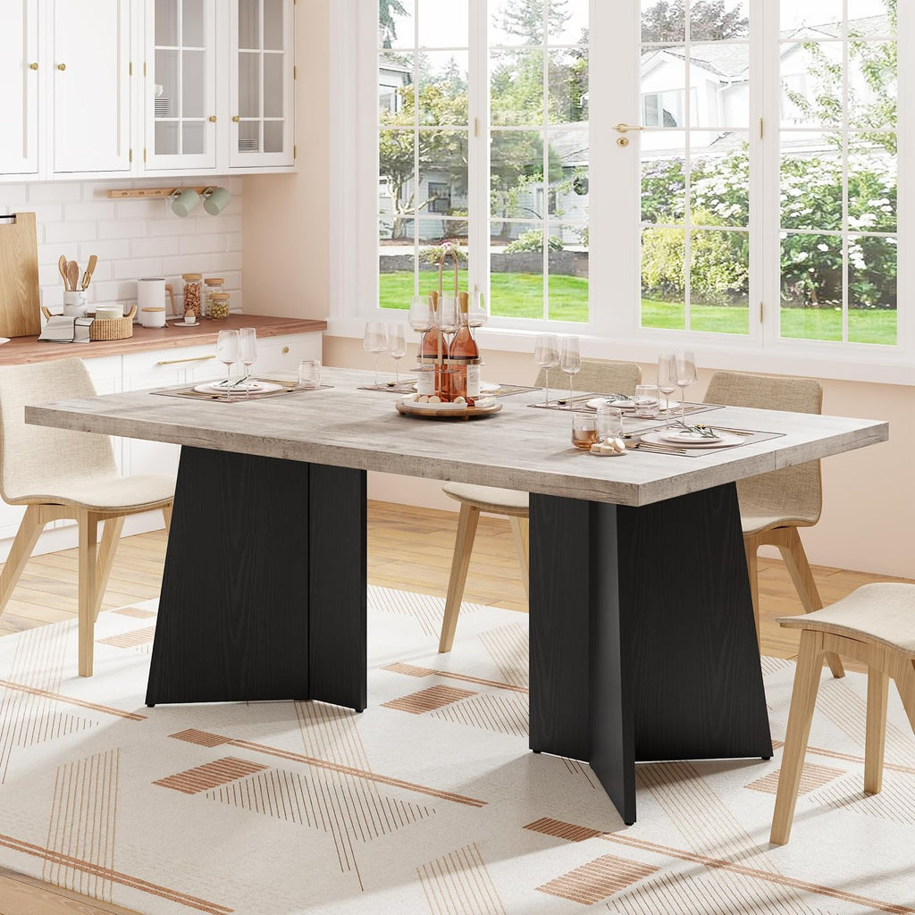 GarveeHome Dining Table for 6-8 People - 63' Modern Long Kitchen Table with Large Tabletop & Pedestal Legs, Dinner Table for Kitchen, Conference Room, Home, Grey & Black