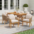 Christopher Knight Home Kclent Outdoor Acacia Wood Dining Set for 6, Patio Table & Chairs with Angled Rope Arm, Removable Cushions, 7 Piece Patio Dinner Set for Backyard Deck, Teak+ Beige