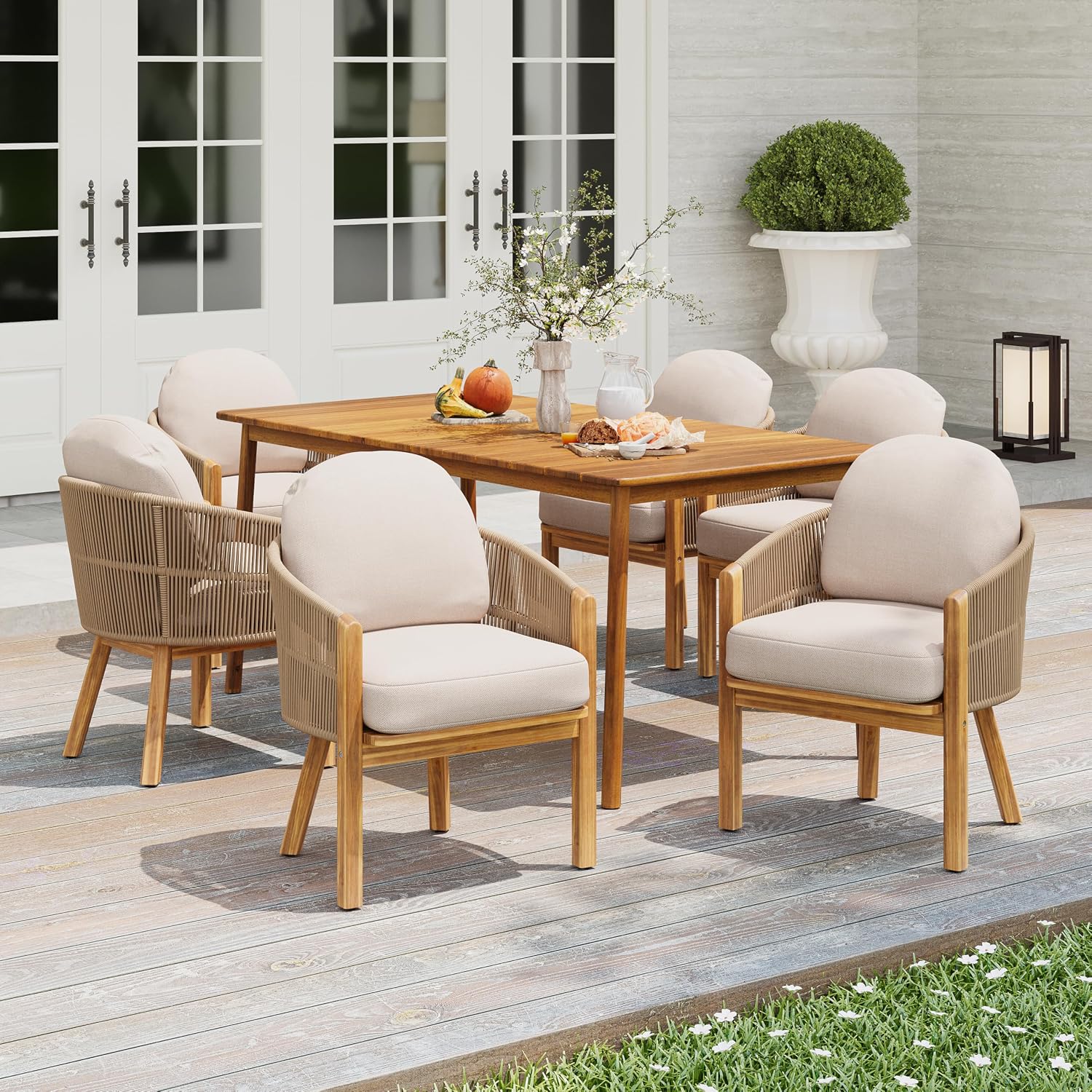 Christopher Knight Home Kclent Outdoor Acacia Wood Dining Set for 6, Patio Table & Chairs with Angled Rope Arm, Removable Cushions, 7 Piece Patio Dinner Set for Backyard Deck, Teak+ Beige