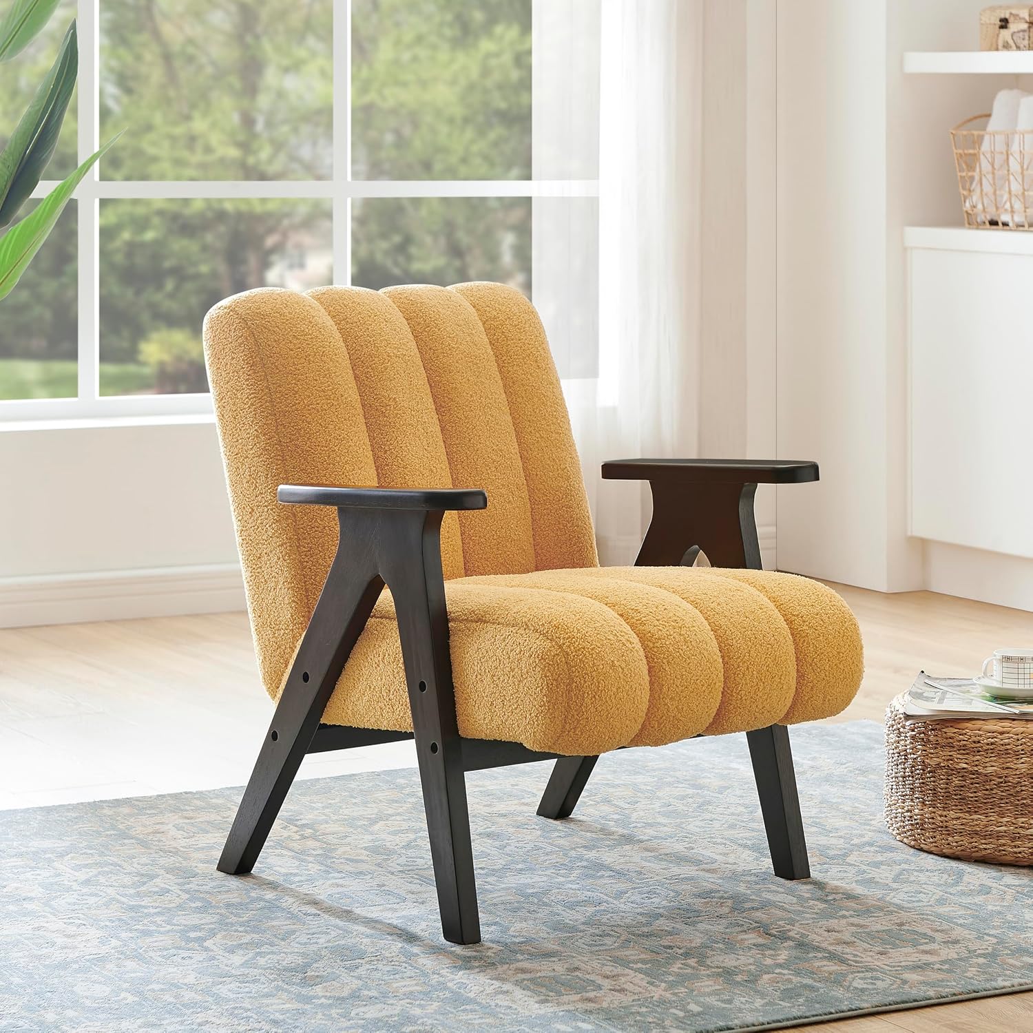 Roundhill Furniture Rella Modern Teddy Sherpa Accent Chair with Espresso Wood Frame, Yellow