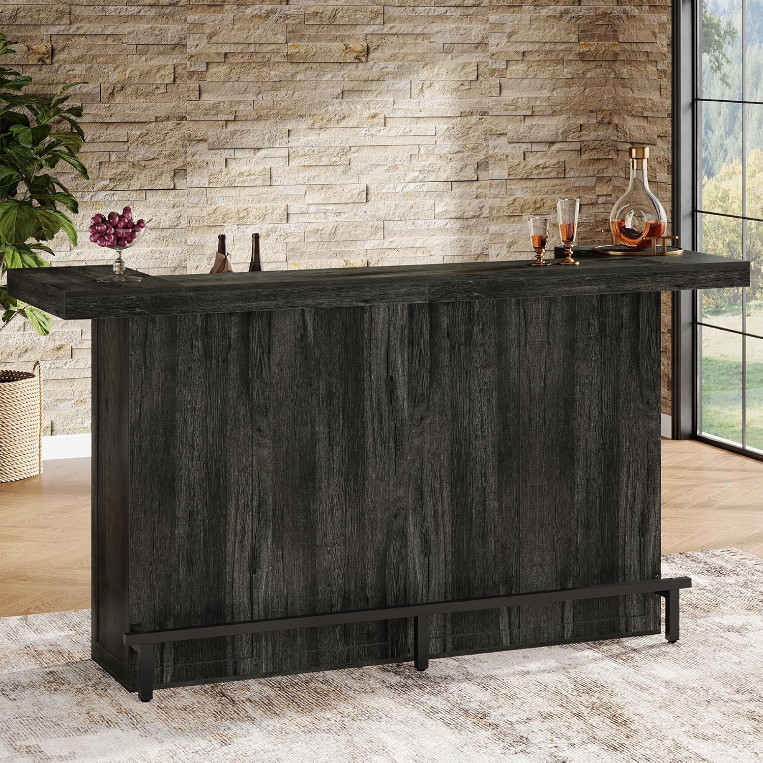 Tribesigns 4-Tier Bar Table, 70.9-Inch Large Wooden Home Bar Unit with Storage Shelves, Pub Table with Wine Glass Holder and Black Footrest for Basement, Dining Room, Living Room, Grey (Grey)