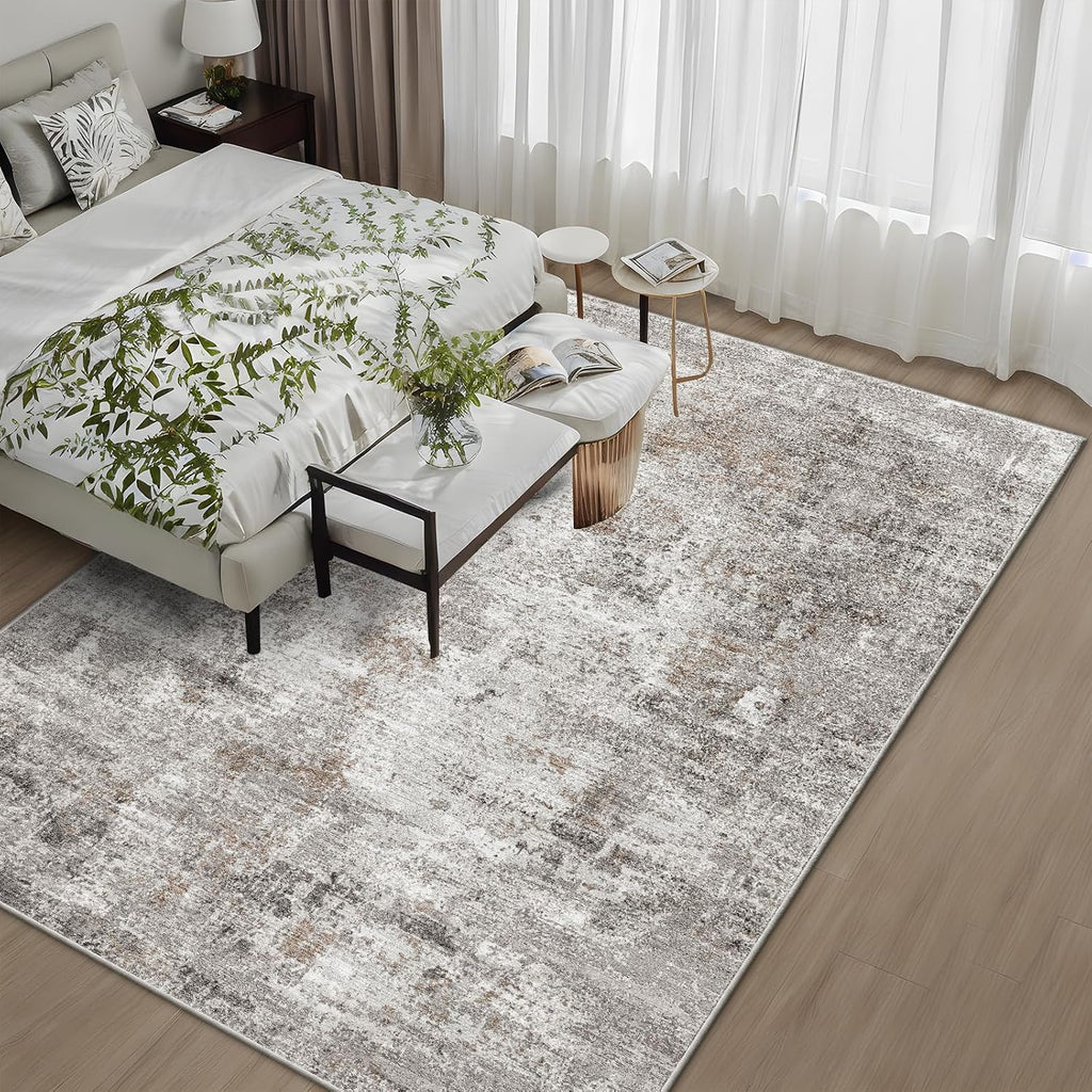 10x14 Area Rug Living Room – Washable Large Neutral Modern Abstract Soft Low Pile Non-Slip Thin Carpet for Bedroom, Dining Room, Home Office (Beige, Grey)