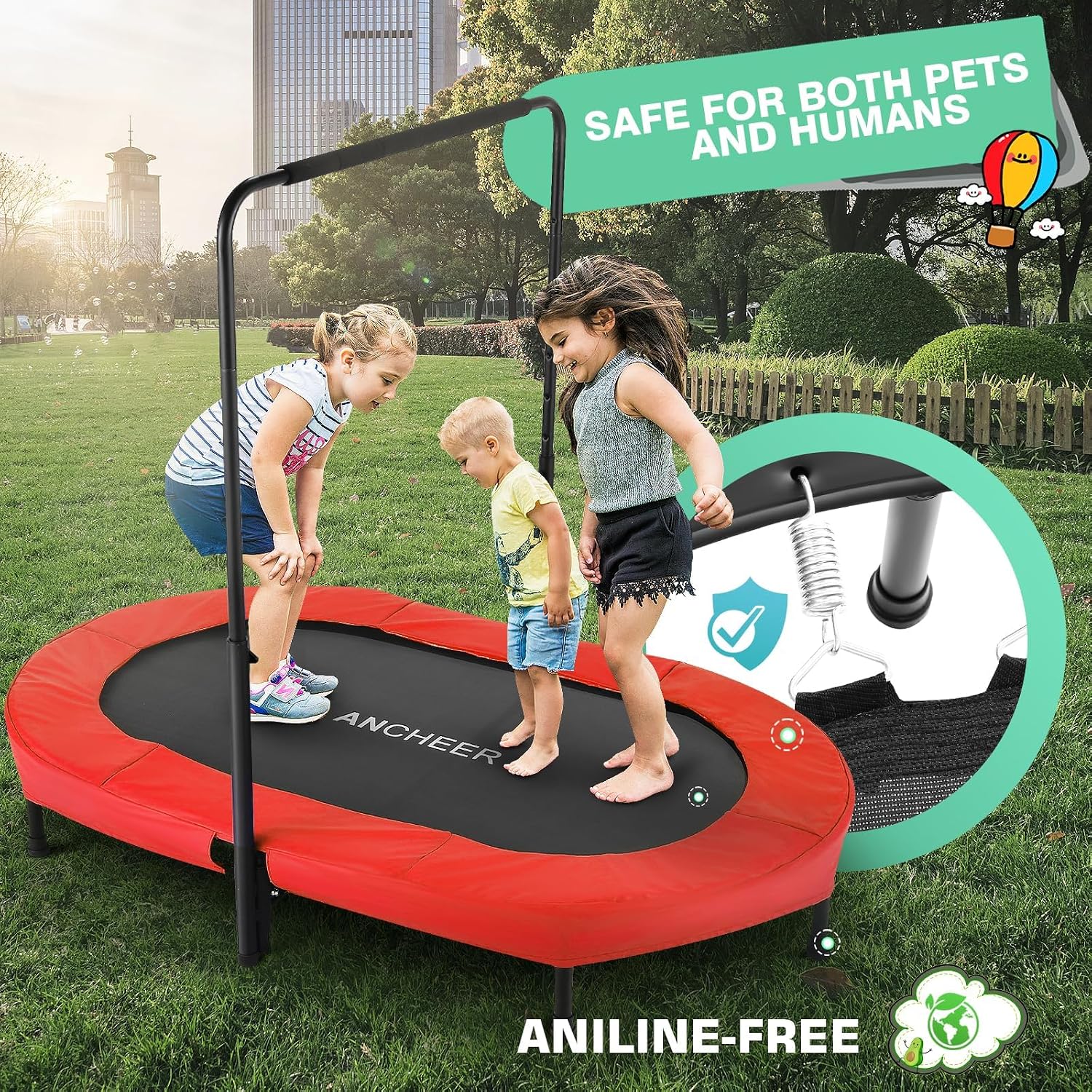 ANCHEER Trampoline for Kids, Toddler Trampoline Indoor Sports and Outdoor Games 56' Kids Rebounder 220LBS Capacity with Adjustable Safety Handrail Foldable Jumper for Boys and Girls