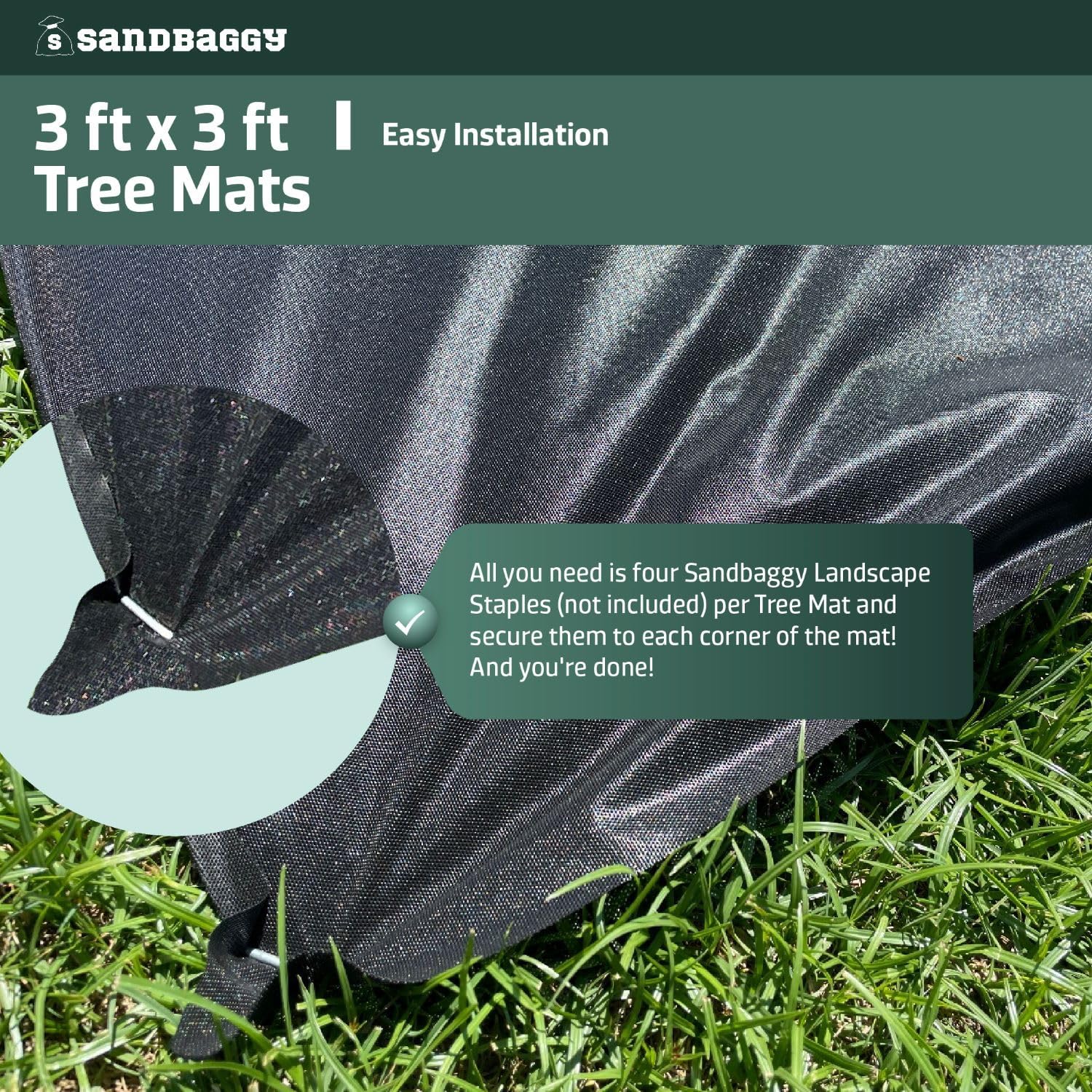 Sandbaggy Tree Mats 3 ft x 3 ft | Fabric Stops Weeds in Its Tracks | UV Protected for Extended Life | for Landscape, Weed Barrier, Ground Cover, Farming, Garden | DOT Approved (Pack of 15,000)