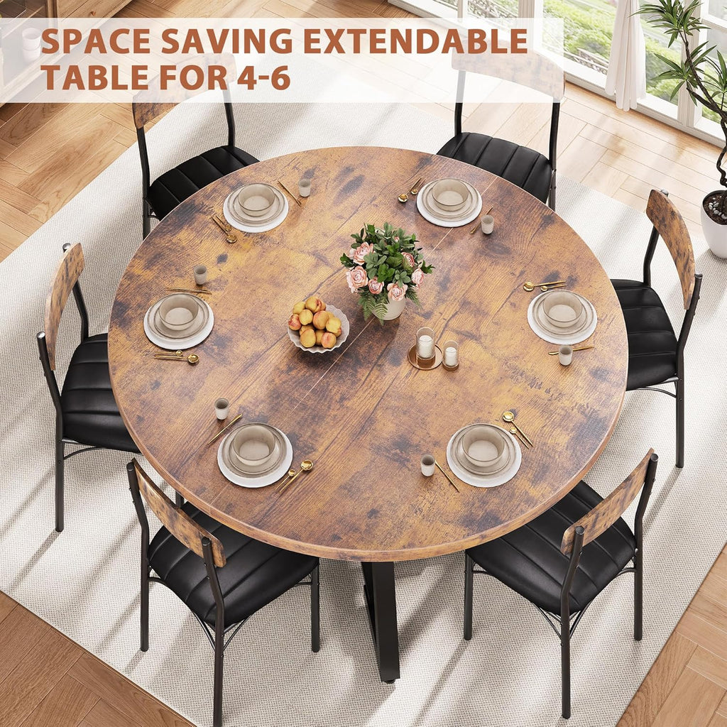 43''-57'' Extendable Round Dining Table for 4-6, Modern Industrial Kitchen Oval Dining Table with Removable Leaves, Space Saving Pedestal Base with Storage Shelf for Kitchen Living Room (Vintage)