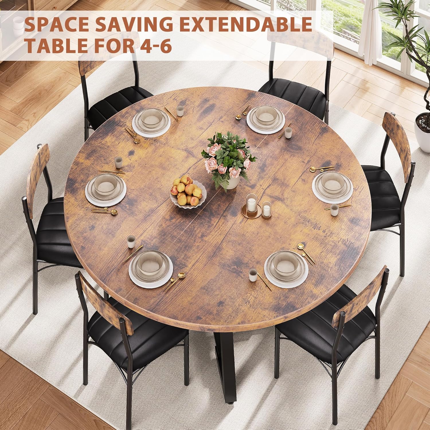 43''-57'' Extendable Round Dining Table for 4-6, Modern Industrial Kitchen Oval Dining Table with Removable Leaves, Space Saving Pedestal Base with Storage Shelf for Kitchen Living Room (Vintage)