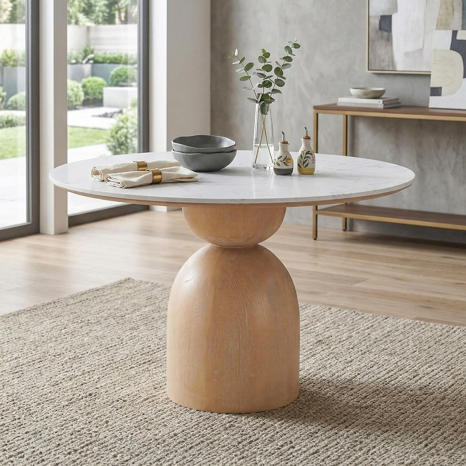 Furniture of America Sonya Modern Round Dining Table with Drum Base and Faux Marble Stone Top, Easy Assembly for Home, Kitchen and Living Room, Natural