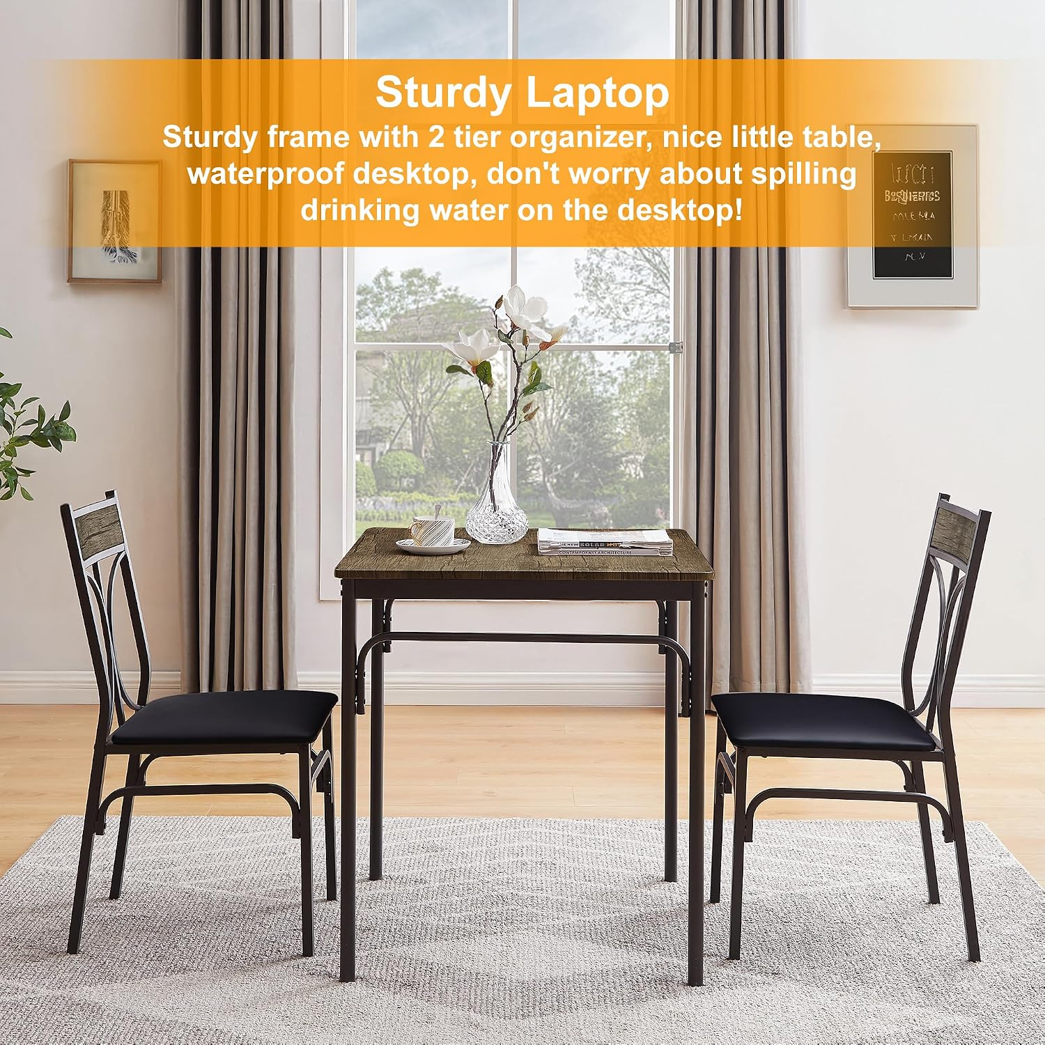 VECELO 3 Piece Dining Table Set for 2, Kitchen Table Set with 2 Chairs for Small Space, Space-Saving and Modern Design, Apartment, Easy to Assemble, Retro Brown