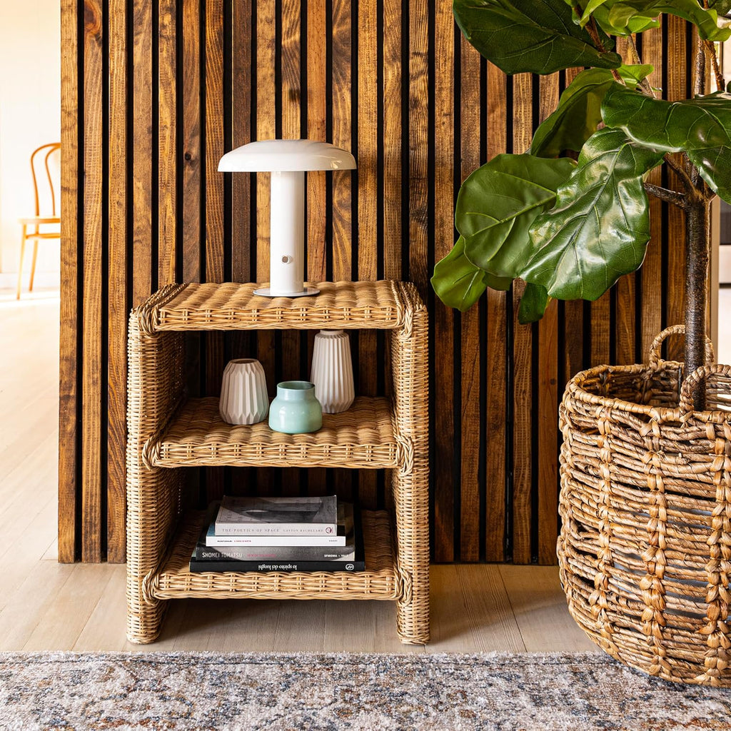 JONATHAN Y Praerie Woven Rattan and Mango Wood 3-Tier End Table, Bohemian Open Shelf Nightstand and Side Table for Living Room, Bedroom, Natural NST1000A