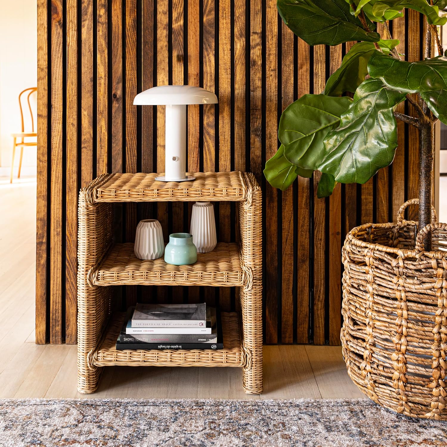 JONATHAN Y Praerie Woven Rattan and Mango Wood 3-Tier End Table, Bohemian Open Shelf Nightstand and Side Table for Living Room, Bedroom, Natural NST1000A