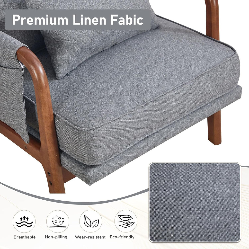 ANJ Mid Century Modern Accent Chair, Lounge Reading Armchair with Extra Side Pocket & Detachable Cushion, Comfy Fabric Accent Chairs for Living Room, Bedroom,Grey