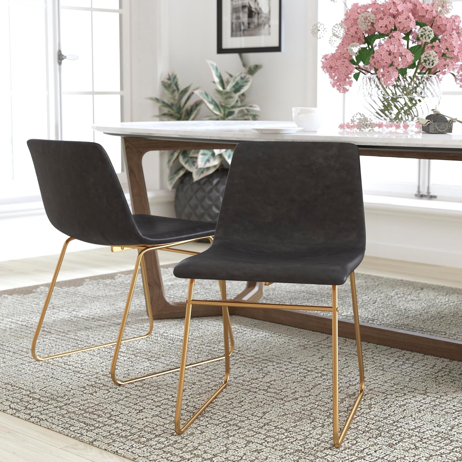 Flash Furniture Butler 18' LeatherSoft Dining Table Height Chairs, Mid-Century Modern Bucket Style Dining Chairs, Set of 2, Dark Gray/Gold