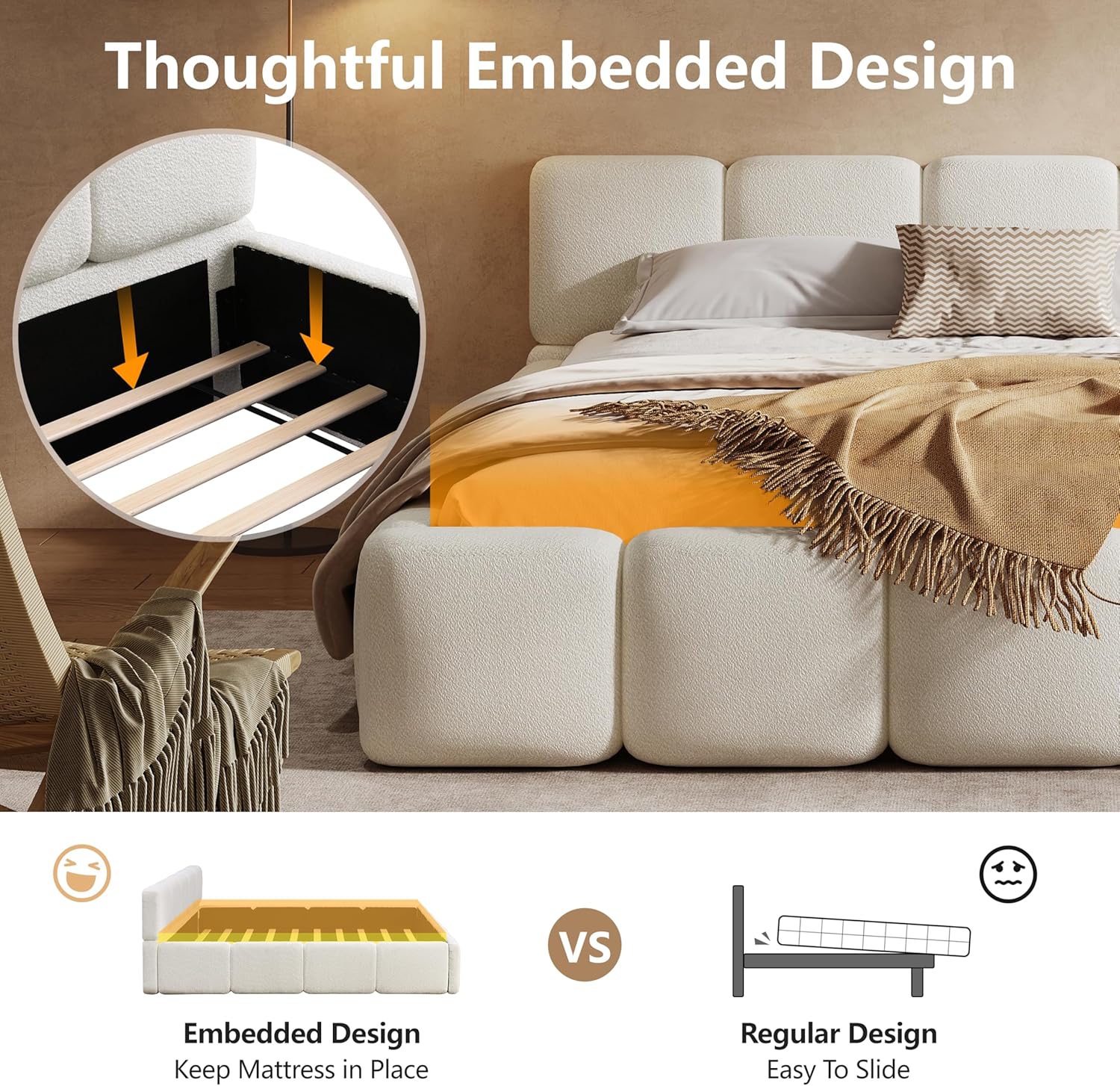 Christopher Knight Home Hazel California King Size Platform Bed, Boucle Thick Headboard and Footboard, Upholstery Grounded Beds, Wood Slat Panel Support, No Spring Box Needed, Easy Assembly, White