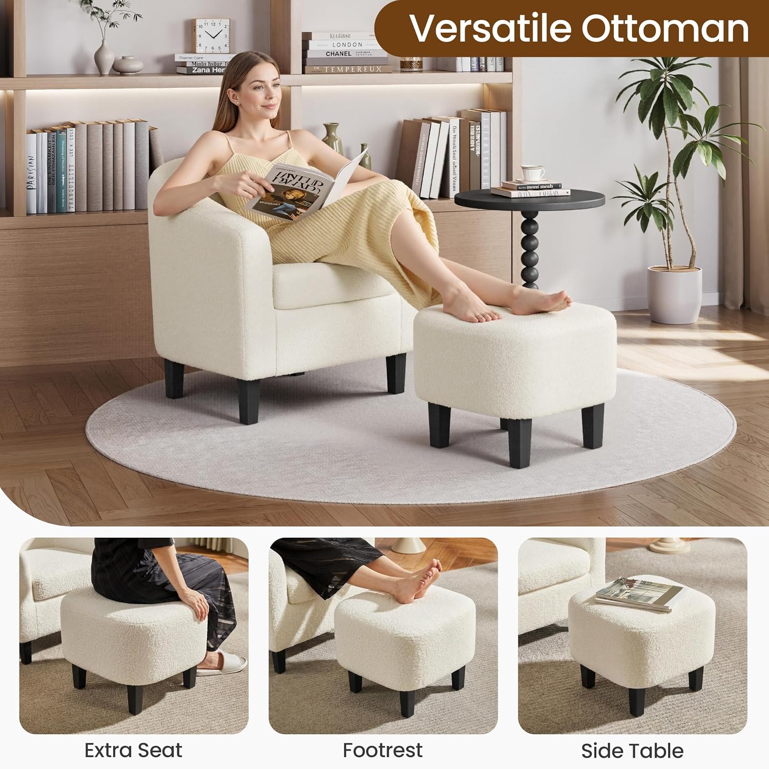 Yaheetech Barrel Chair with Ottoman Set, Boucle Fabric Accent Chair with Soft Padded and Sturdy Legs for Living Room/Bedroom/Study/Waiting Room, Ivory
