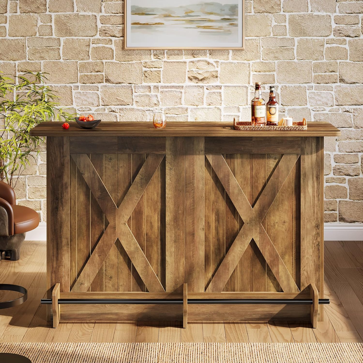 63-Inch Bar Table, 2-Tier Bar Cabinet Height Pub Table with Footrest, Modern Coffee Cabinet for Home Kitchen, Large Home Unit Liquor Furniture, Bistro, Dining Room, Living Room