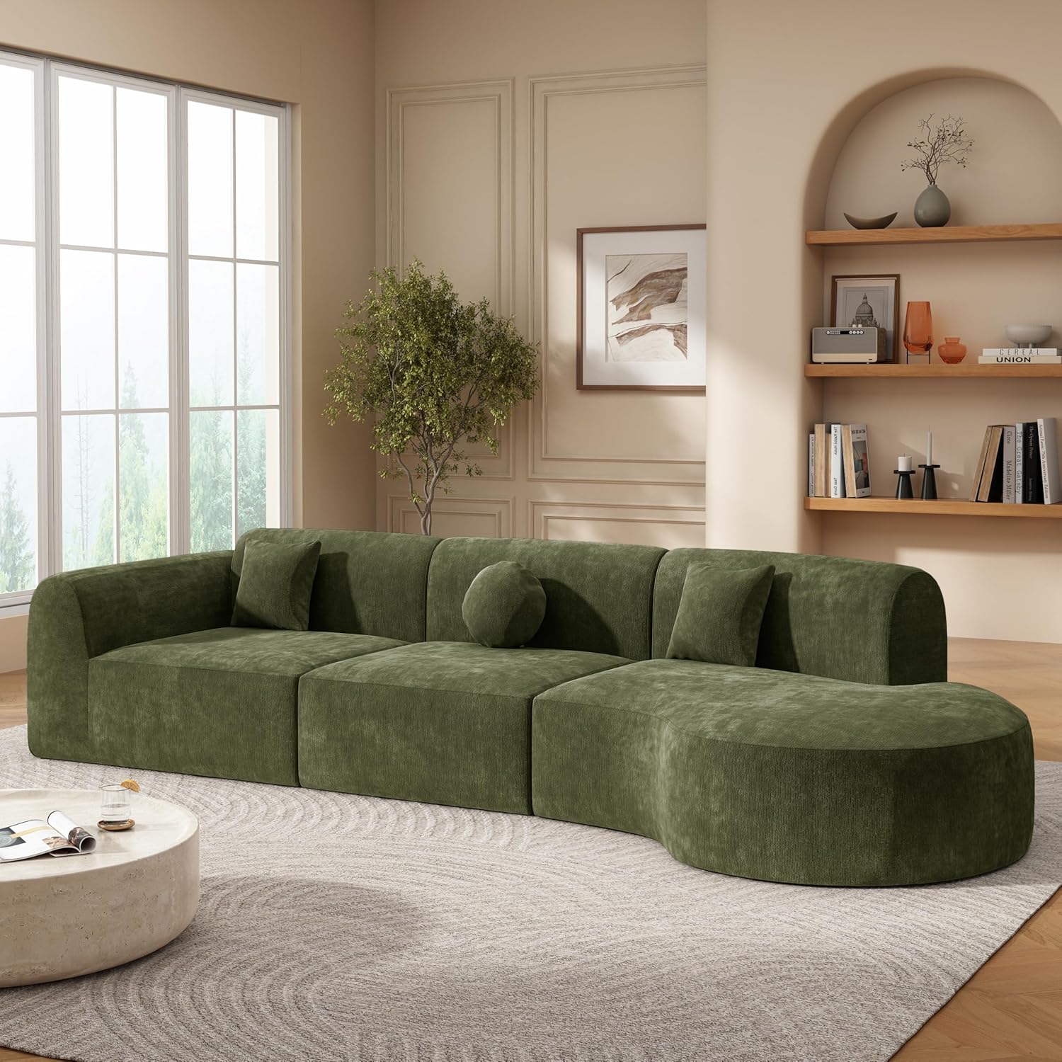 Christopher Knight Home Grelyn Modern Curved Modular Sectional Sofa, Wool Fabric Large Cloud Couch, 6-Seater L-Shaped Couch for Living Room, 3-Piece Lounge Sofa with Chaise,Fully Assembled,Olive Green