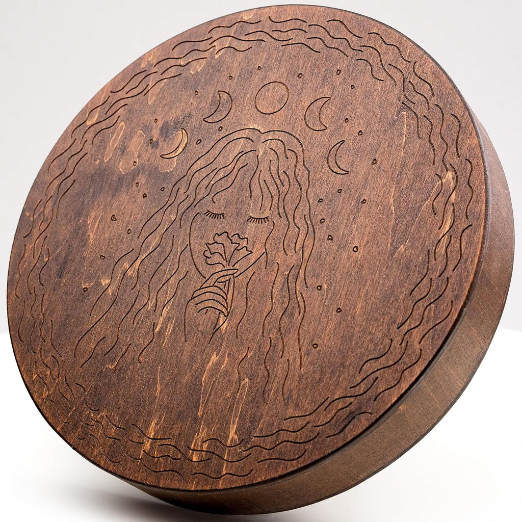 Rain-Fall Disc, 8.6 Inch (22 cm) Wooden Ocean Drum, Gentle Rain Sound for Sound Bath, Meditation & Sound Healing, Moon, Stars & Woman Design