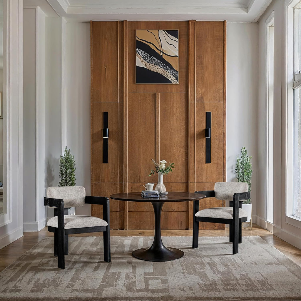 Meridian Furniture Sacha Collection Art Deco Dining Chair, Solid Fluted Wood, 22.5' W x 22' D x 31' H, Set of 2 (Beige, Black Finish, Linen Textured Fabric)