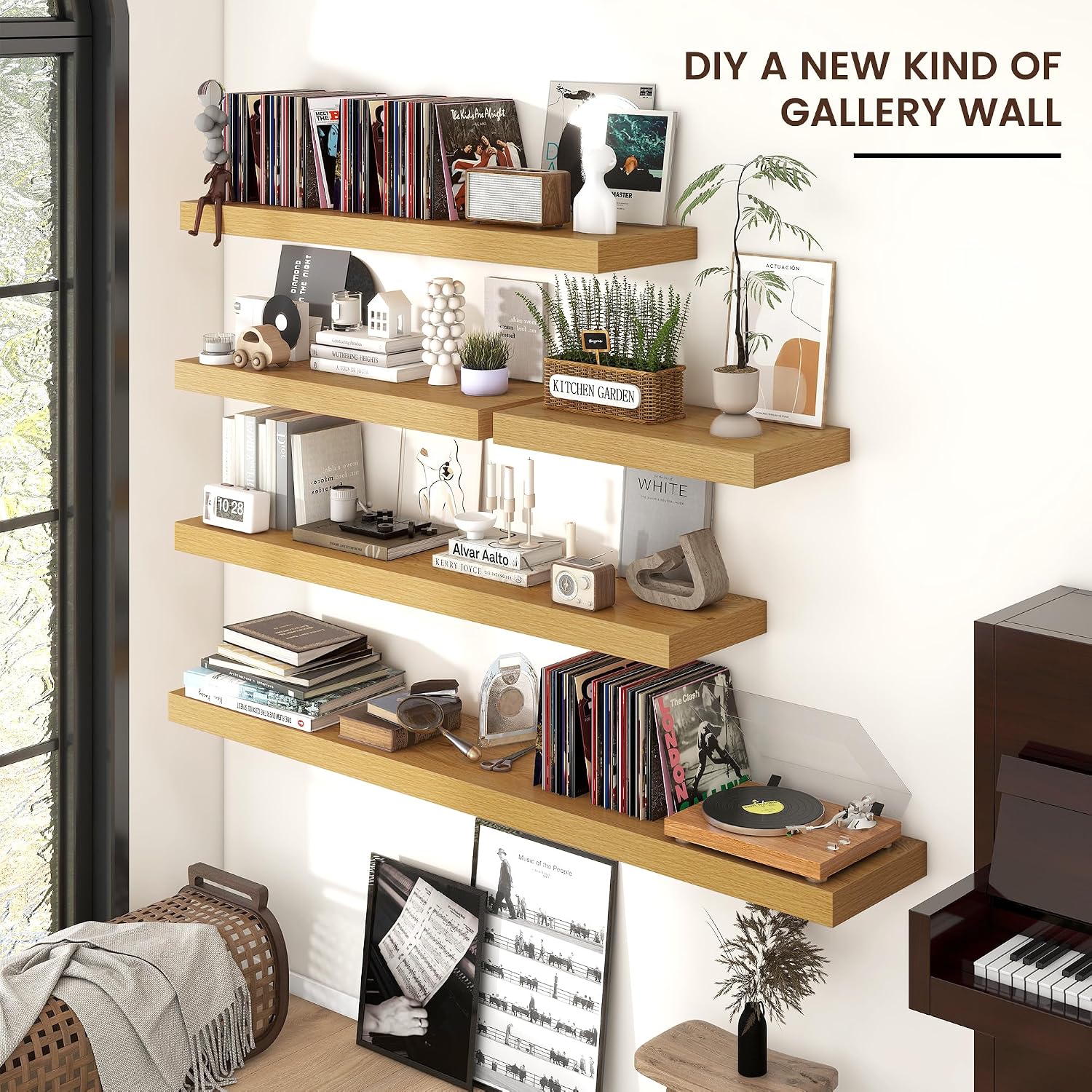 Venusmiles Floating Shelves for Wall, Engineered Wood Wall Shelves with Invisible Brackets for Living Room Bedroom Bathroom Office Kitchen Decor and Storage (Oak, 72' W x 9' D x 1.5' H) Set of 1