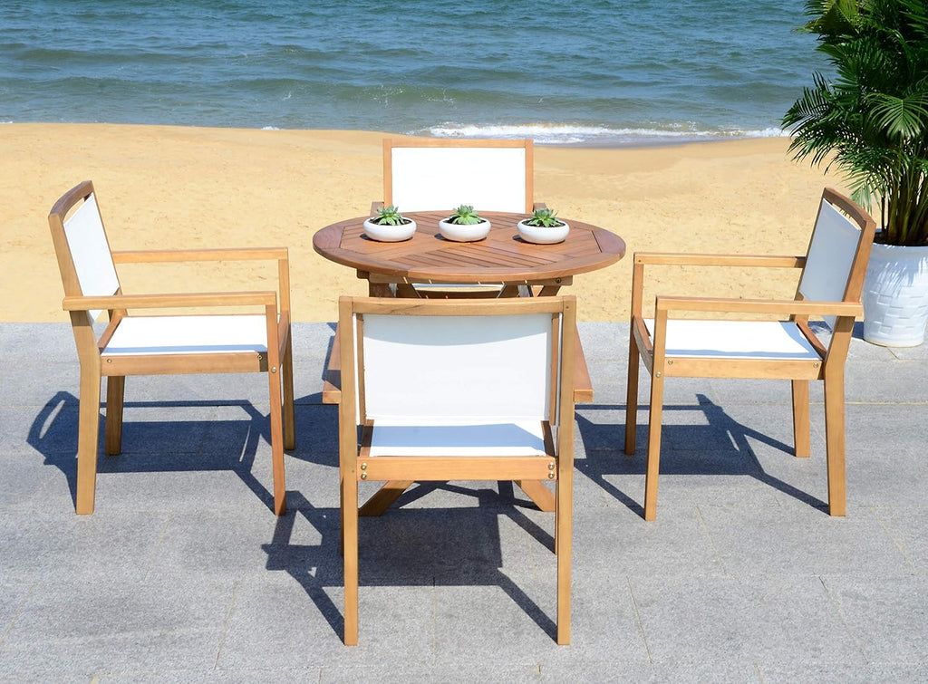 Safavieh Outdoor Collection Chante Teak 35.4' Round Table 5 Piece Dining Set