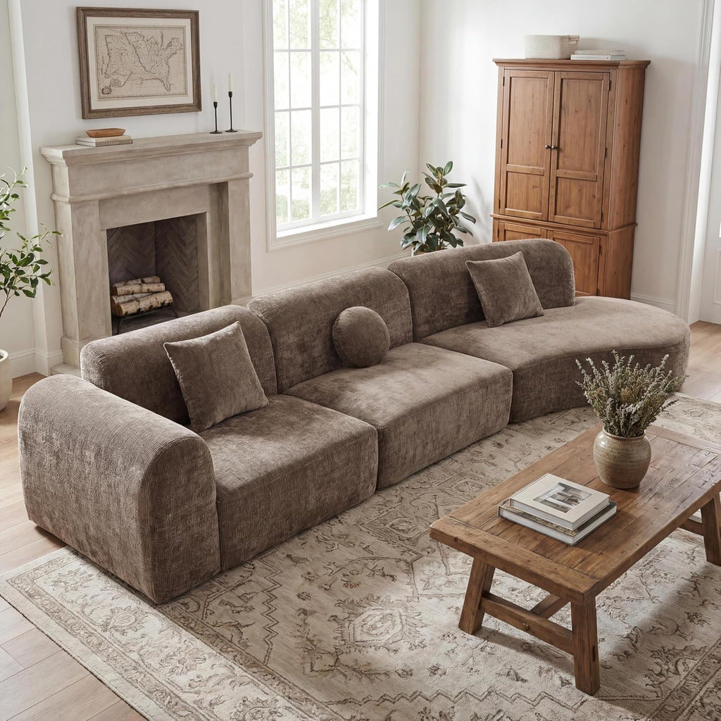 Christopher Knight Home Grelyn 140' Modular Sectional Sofa Couch, Wool Fabric Boneless Cloud Couch, Fully Compressed Home Sofa Living Room, 3-Piece Lounge Sofa with Chaise, Fully Assembled, Brown