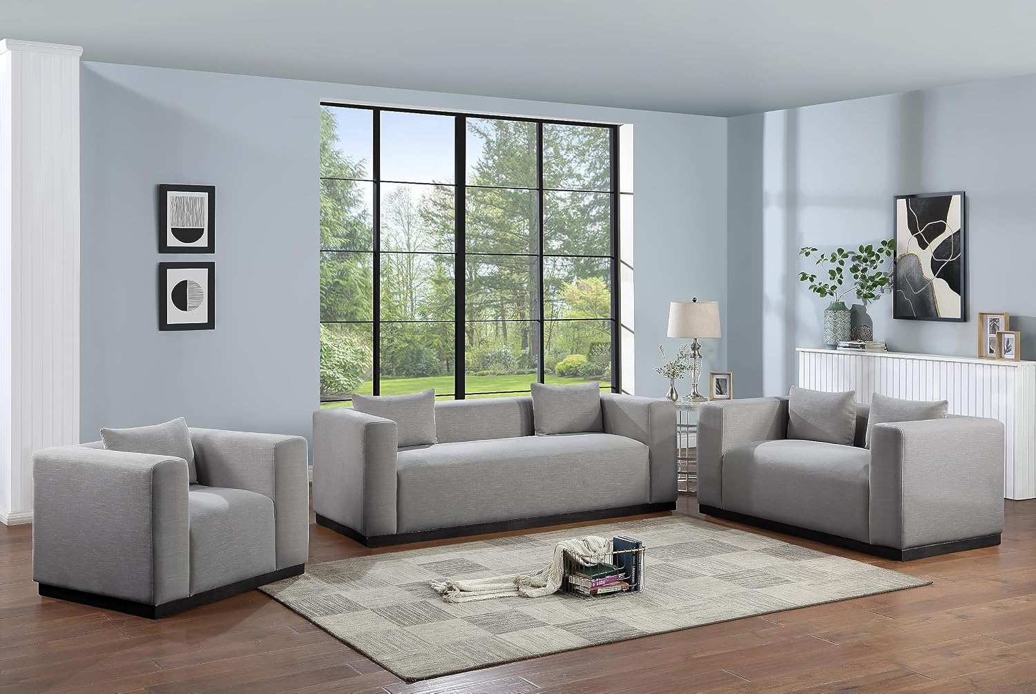 Meridian Furniture 642Grey-S Alfie Collection Modern | Contemporary Sofa with Rich Grey Linen Textured Fabric, Black Finish Solid Wood Base, 90.5' W x 36' D x 28.5' H, Grey