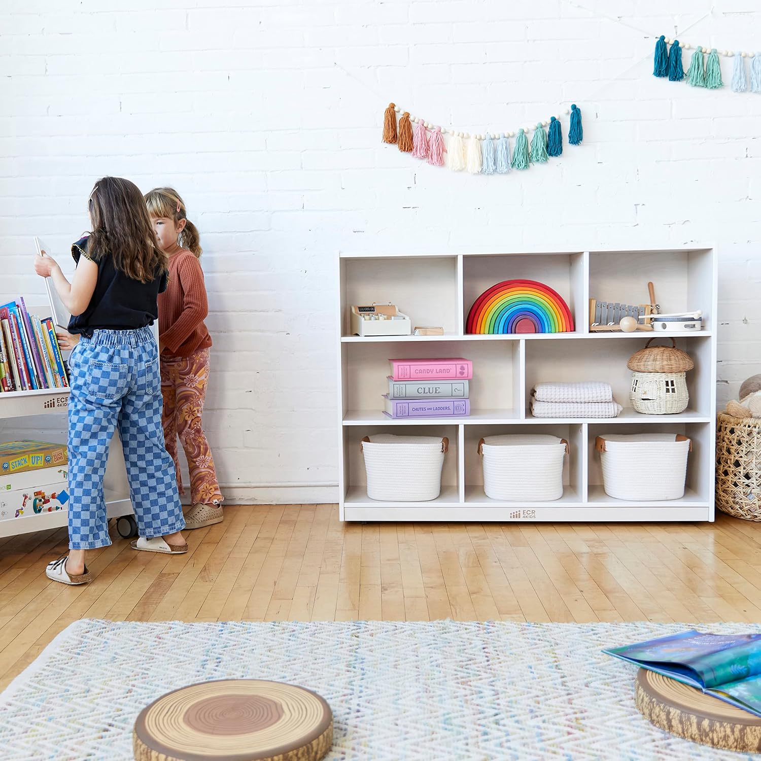 ECR4Kids 8-Compartment Mobile Storage Cabinet, Elementary, Classroom Furniture, White Wash