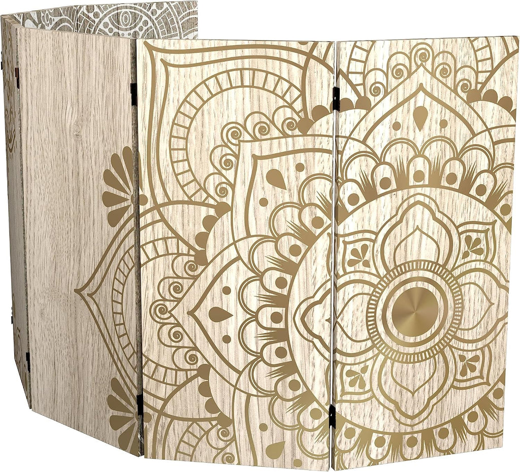 Red Lantern 3 ft. Short Double Sided Mandala on Oak Canvas Folding Screen 6 Panel Freestanding Partition and Separator for Modern and Contemporary Bedroom, Home Office, Studio, Dorm, Apartment
