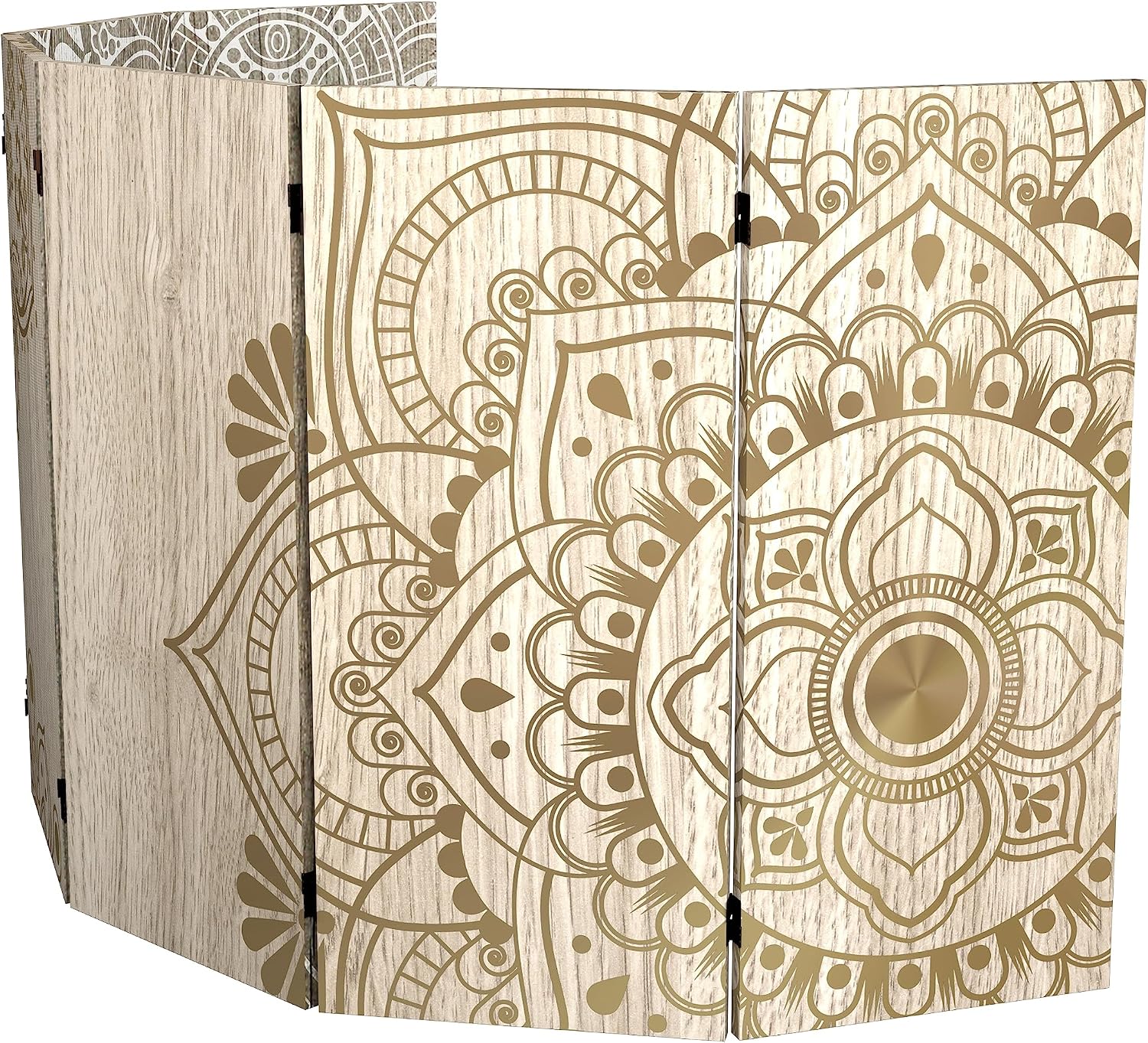 Red Lantern 3 ft. Short Double Sided Mandala on Oak Canvas Folding Screen 6 Panel Freestanding Partition and Separator for Modern and Contemporary Bedroom, Home Office, Studio, Dorm, Apartment