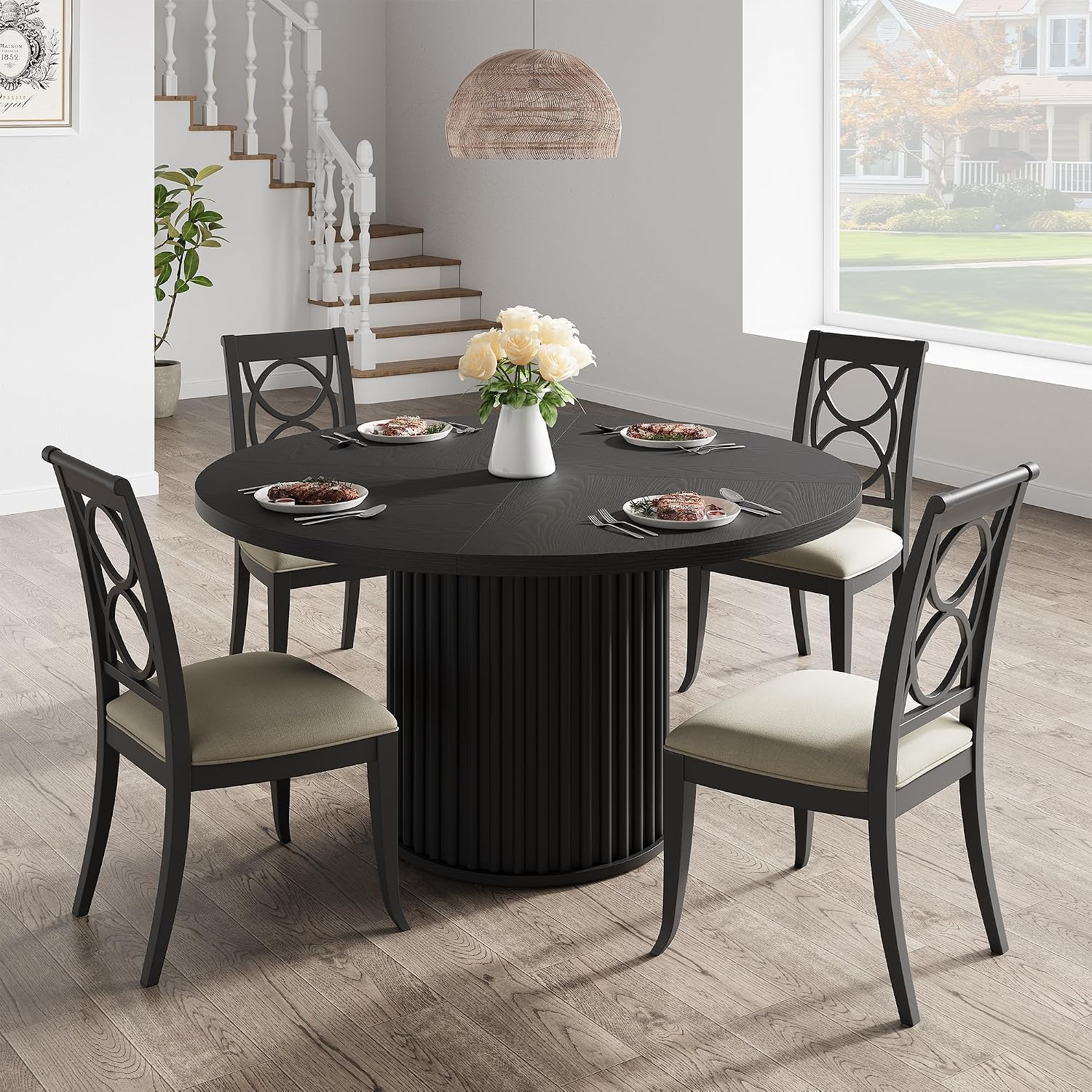 GarveeHome 47Inch Round Dining Table for 4-6 People, Black Dining Room Table with Sturdy Waveform Metal Pedestal Base, Industrial Circle Kitchen Table for Dining Room, Kitchen