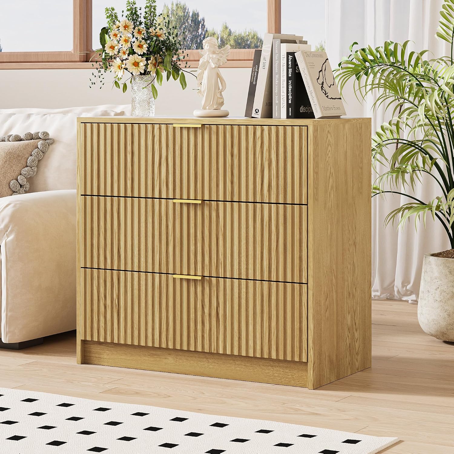 MAISONARIA Fluted Dresser for Bedroom, 32 Inch Wide Nightstand with Large Drawer, 3 Drawer End Table for Bedroom, Living Rooms, Offices, and Entryways, Natural