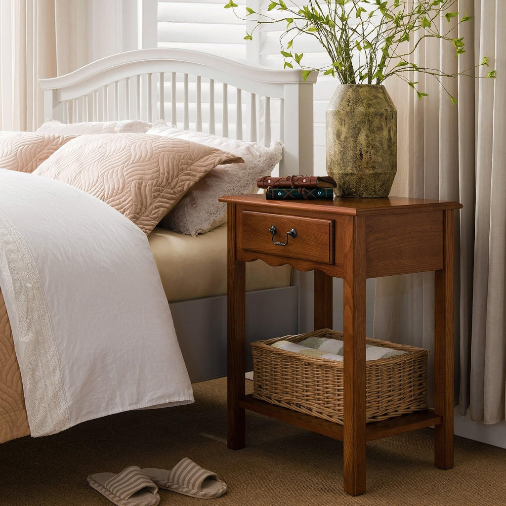 Salem Solid Wood Nightstand with Drawer and Shelf, Medium Oak Brown, Perfect for Bedrooms, Living Rooms, and Small Spaces – Leick Home, 9067-MED