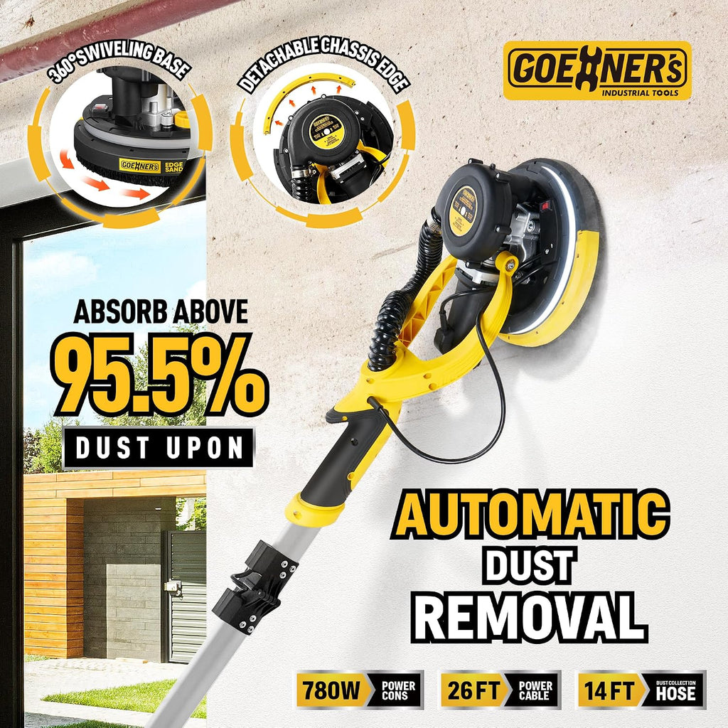 Drywall Sander, 6.5-amp Powerful Electric Drywall Sander with Vacuum, Anto Dust Removal, 7 Variable Speed, 900-1800RPM, Dustless Floor Sander with 26' Power Cord for Popcorn Ceiling