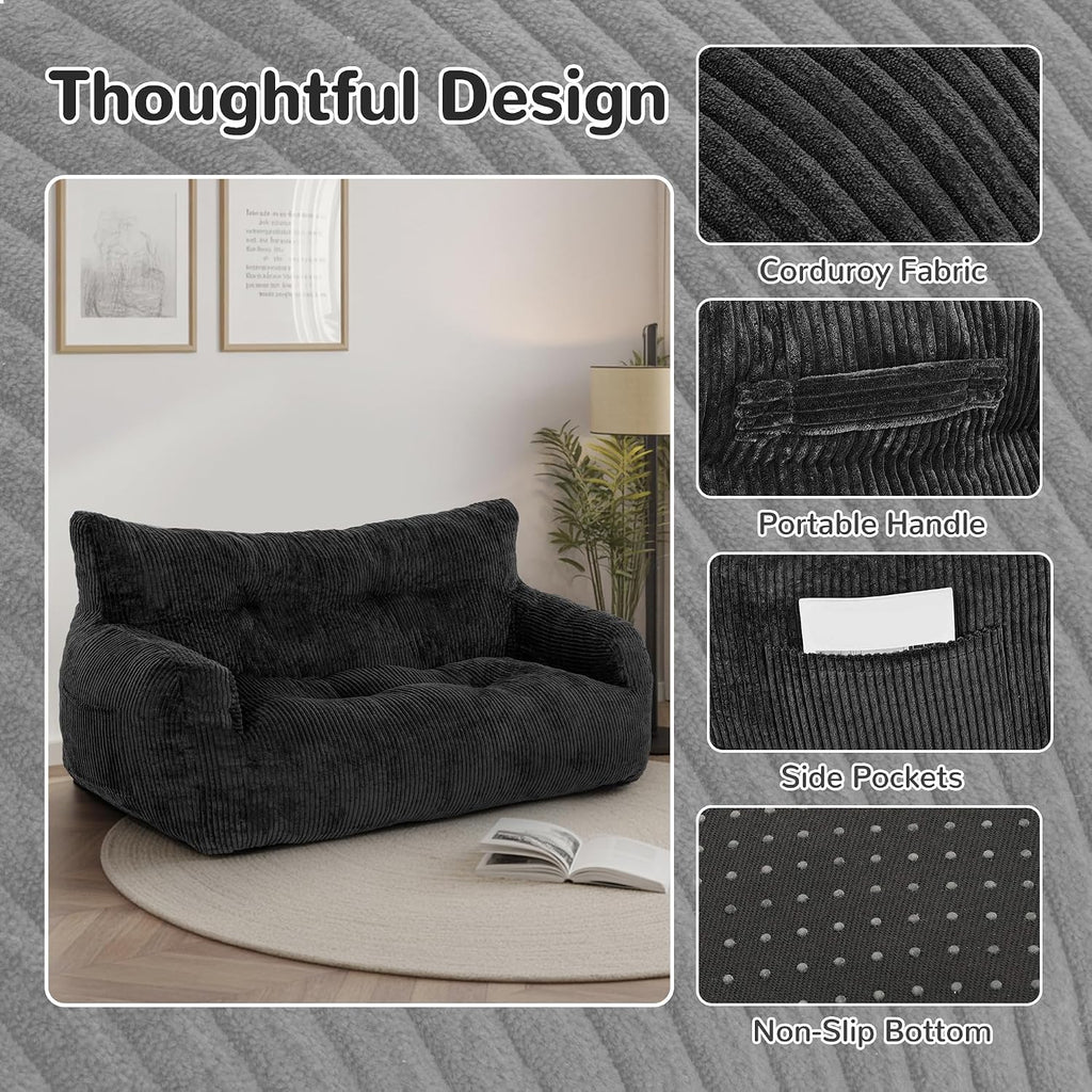 59' Bean Bag Chair,2 Seat Loveseat Sofa,Corduroy Lazy Sofa Bed for Adults,Fit Living Room, Bedroom,Outdoor Spaces,Ultra Soft Dutch Velvet,Fluffy Comfort Cover,Black