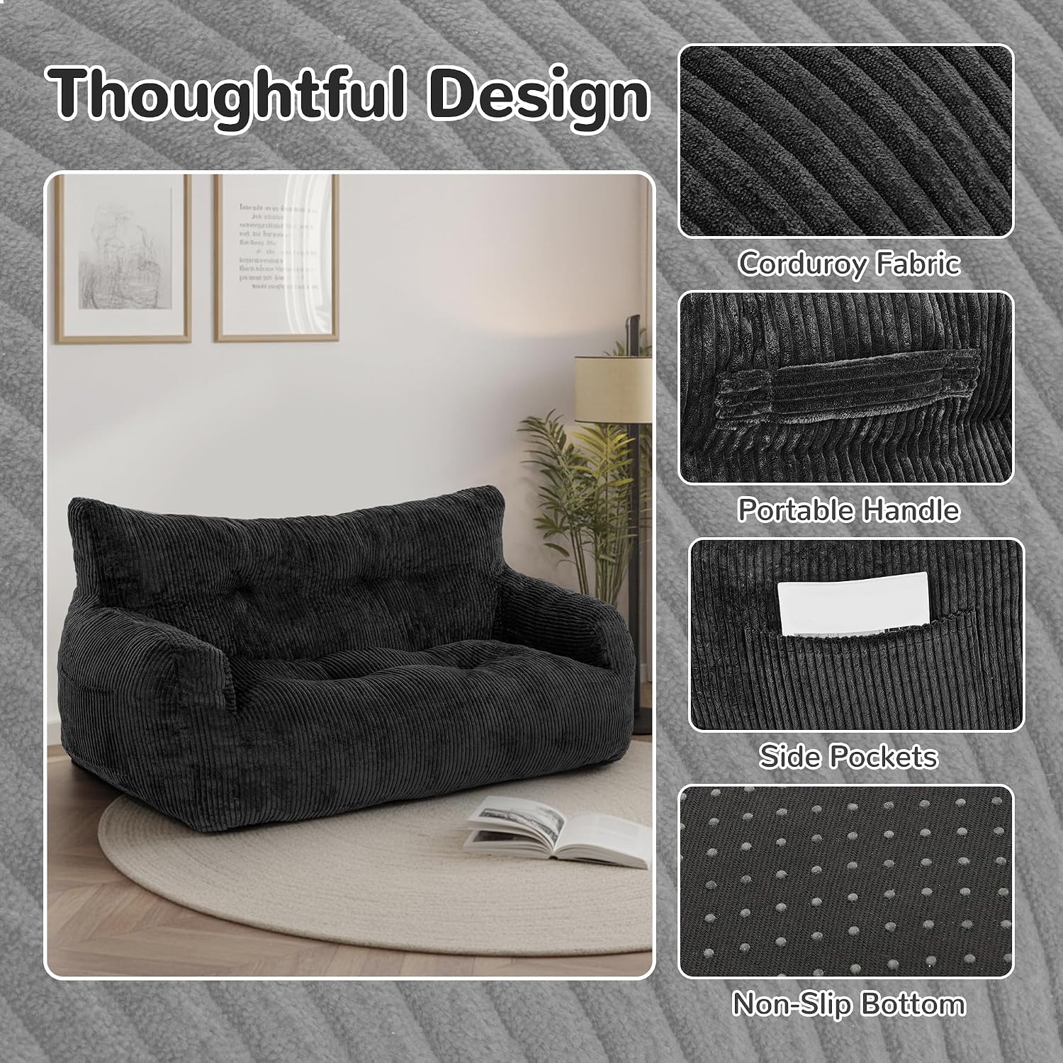 59' Bean Bag Chair,2 Seat Loveseat Sofa,Corduroy Lazy Sofa Bed for Adults,Fit Living Room, Bedroom,Outdoor Spaces,Ultra Soft Dutch Velvet,Fluffy Comfort Cover,Black