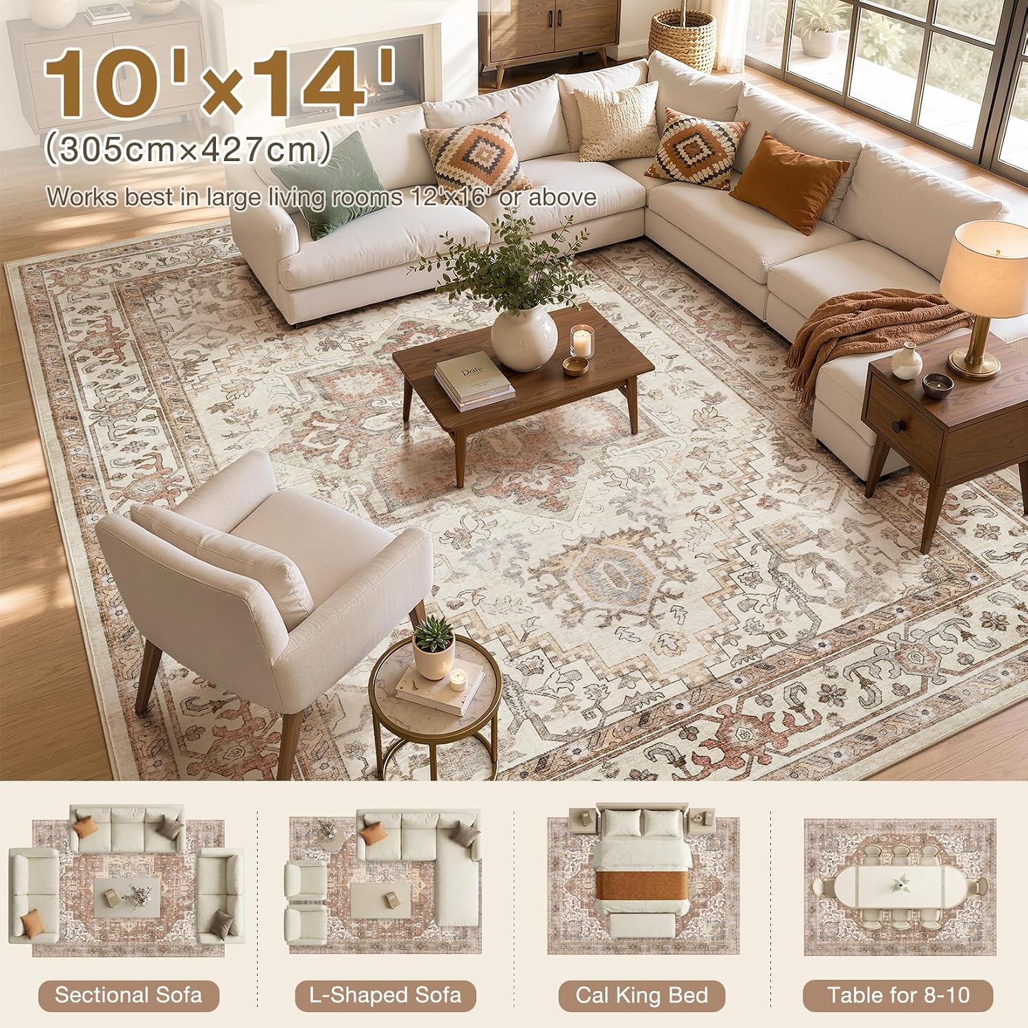 Washable Rug 10x14 Area Rugs: Boho Vintage Distressed Oriental Medallion Neutral Thin Large Rug Carpet for Living Room Bedroom Dining Room Home Office Decor - Beige