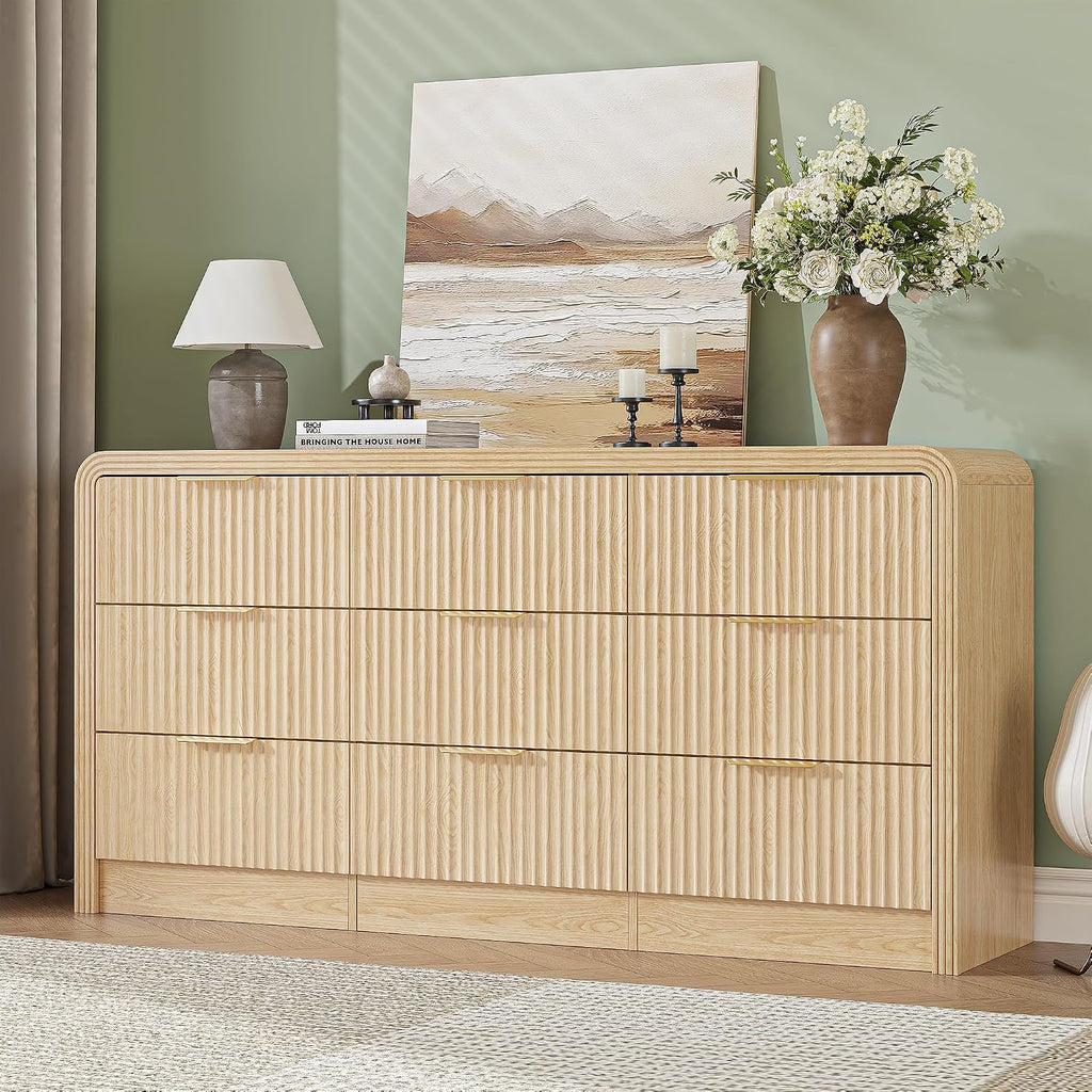 Decofy Fluted 9 Drawers Dresser, 63'' Wide Modern Chest of Drawers with Round Edge & Metal Handle, Wood Drawer Organizer for Bedroom, Living Room, Oak