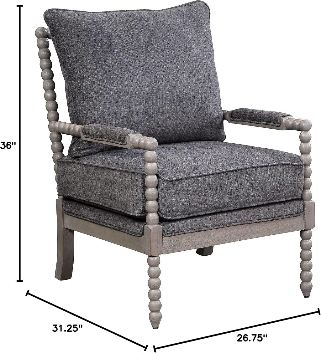 OSP Home Furnishings Abbott Spindle Accent Chair with Padded Spring Seat and Brushed Grey Base, Charcoal Fabric
