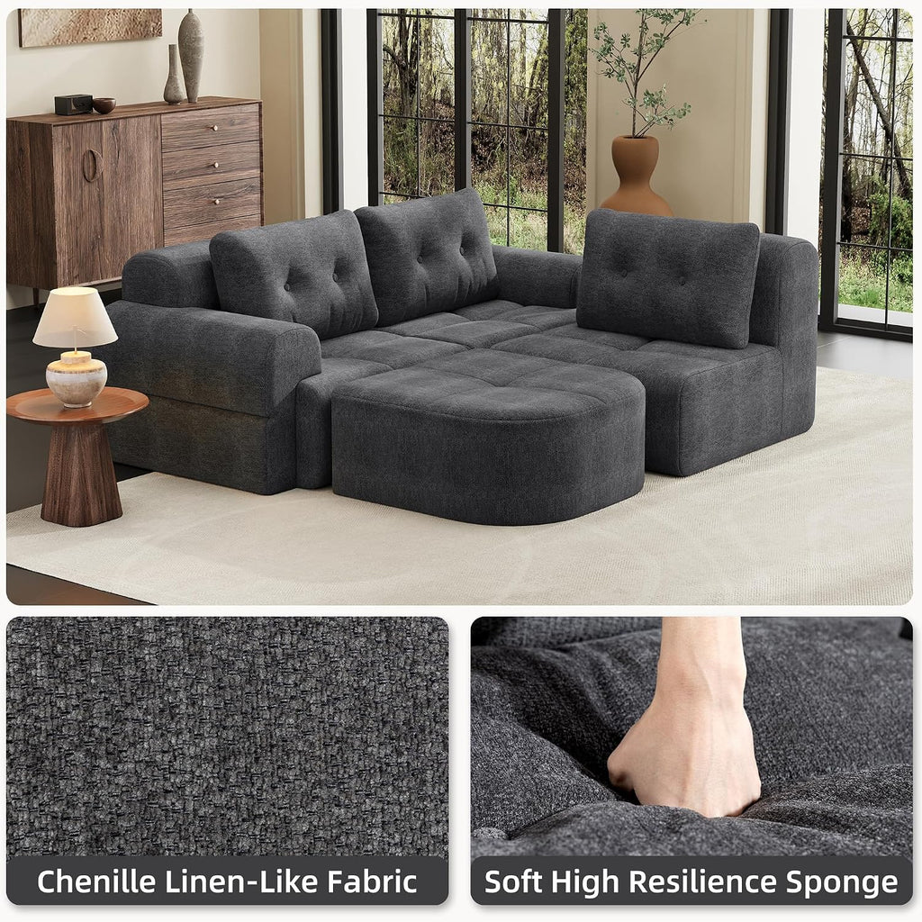 112' Compressed Boneless Sectional Sofa with Movable Ottoman Convertible L Shaped Modular Corner Couch for Living Room - Oversized Cloud Couches W/Tufted Cushions and Deep Seat